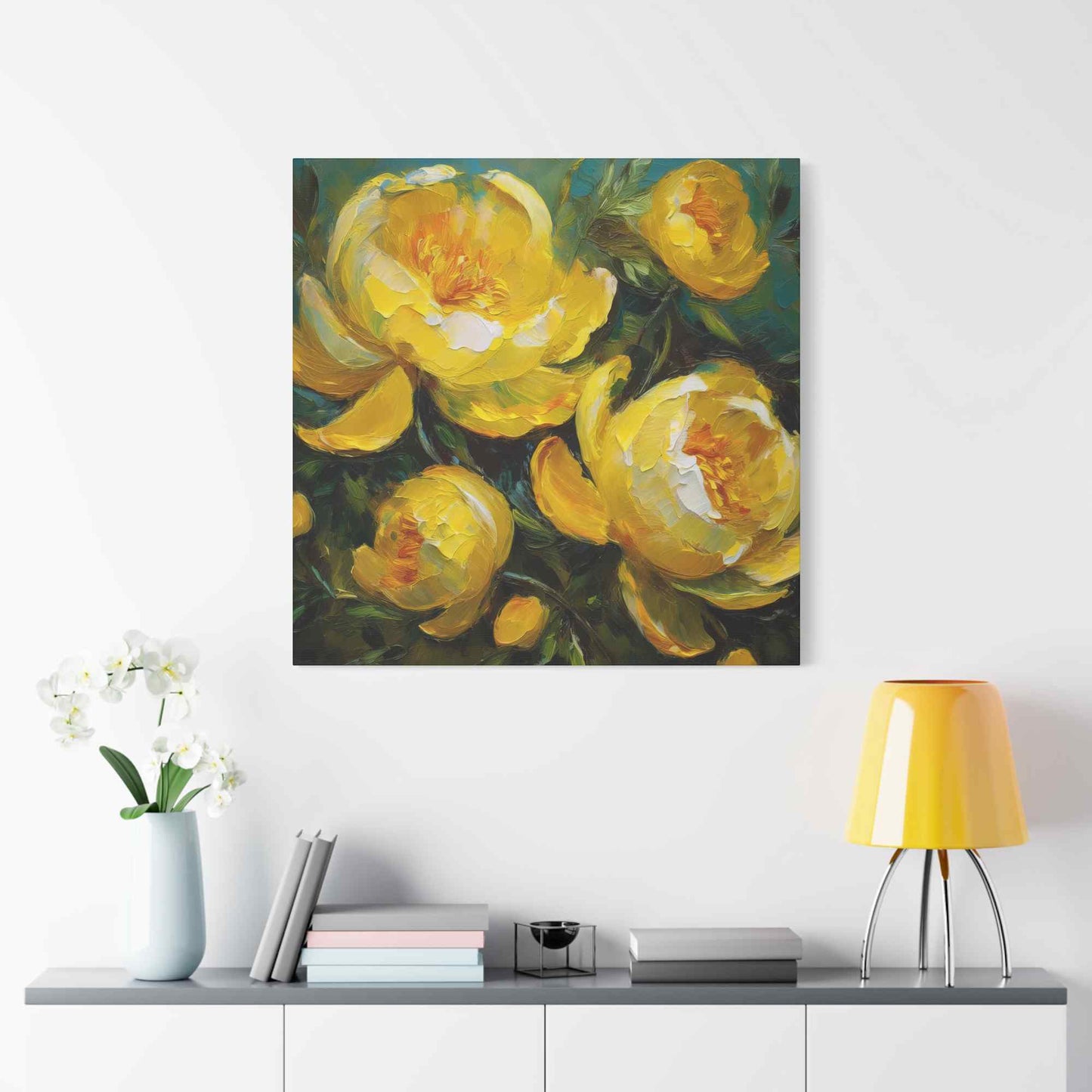 Yellow Peonies Print Canvas, Floral Oil Paint Print 20x20, 24x24, 30x30, 32x32, 36x36 Art Design Pine-Wood Inner Frame MC-122