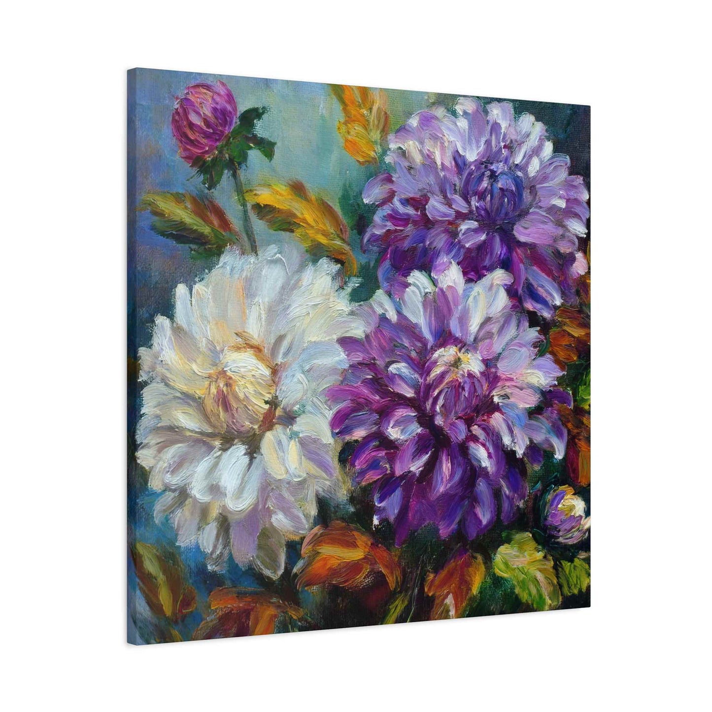 Dahlias Floral Print Canvas, Floral Oil Paint Print 20x20, 24x24, 30x30, 32x32, 36x36 Art Design Pine-Wood Inner Frame MC-173