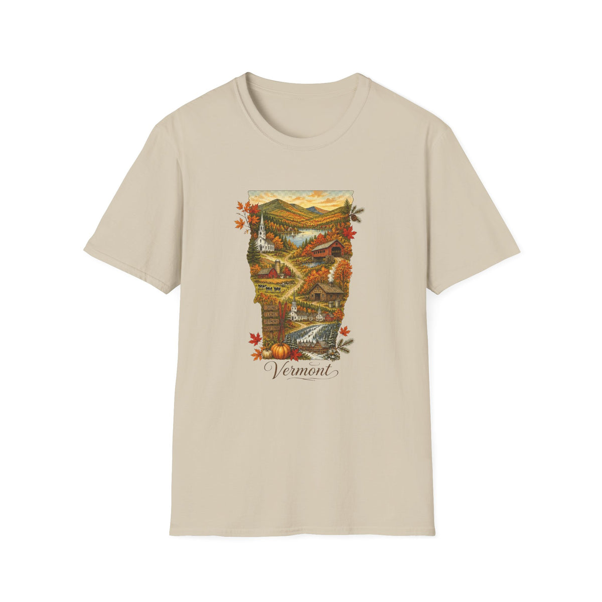 Vermont Fall Scenic T‑Shirt — Autumn Maple Leaves Landscape Travel Tourist Graphic Design Unisex 100 Cotton Gildan T-Shirt