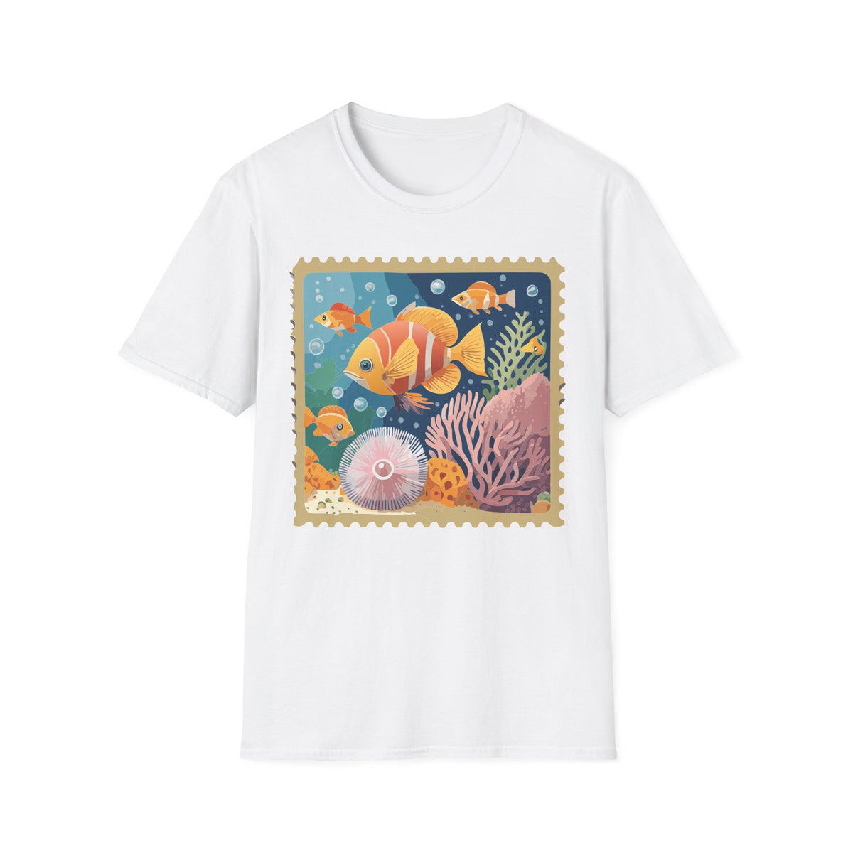 Tropical Clownfish Stamp Tee | Fish Reef Illustration Graphic Tee Unisex 100 Cotton Gildan T-Shirt