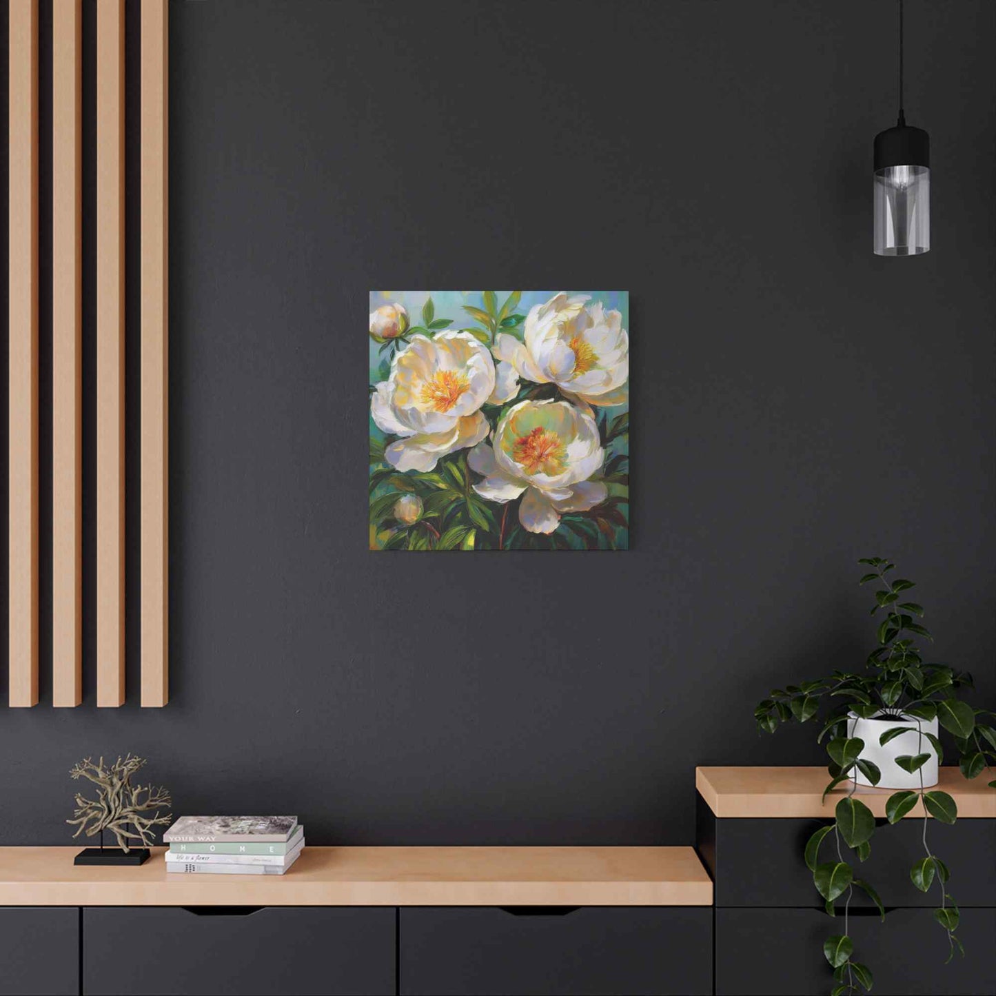 White Peonies Print Canvas, Floral Oil Paint Print 20x20, 24x24, 30x30, 32x32, 36x36 Art Design Pine-Wood Inner Frame MC-117