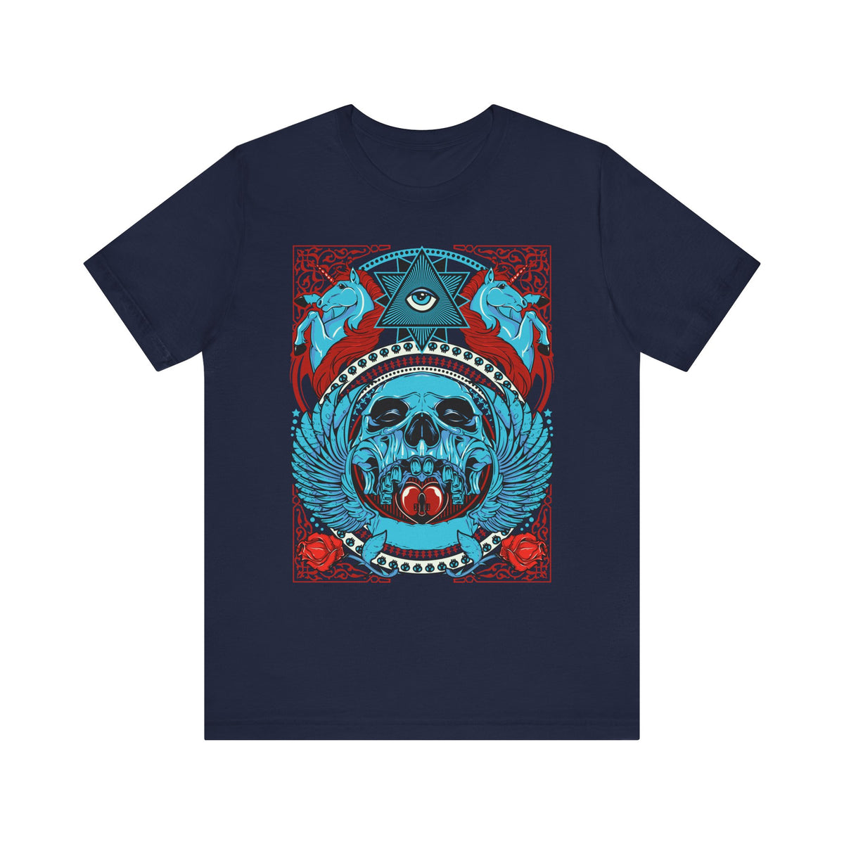 All-Seeing Skull Illustration Tee Winged Skull Third Eye Roses T-Shirt
