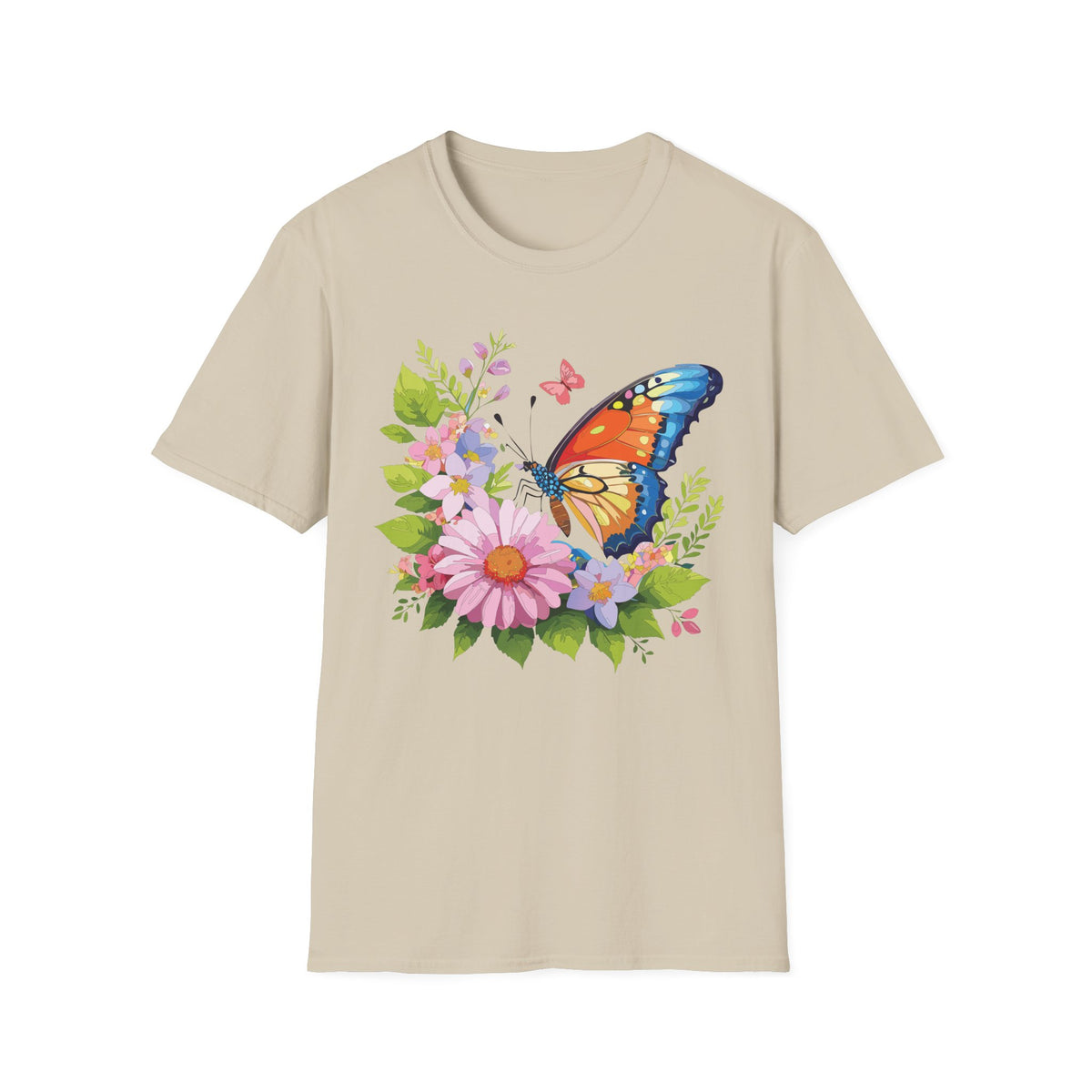 Butterfly Floral T-Shirt — Colorful Monarch & Spring Flowers Graphic Tee Unisex 100 Cotton Gildan T-Shirt