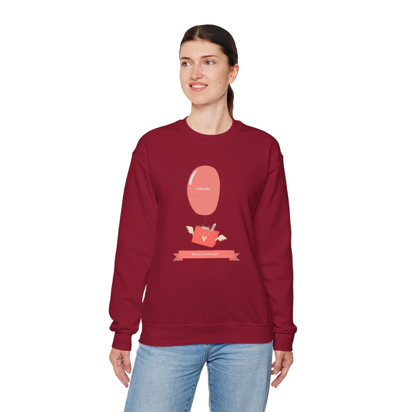 Cat Love Balloon Sweatshirt Unisex Fifty Fifty Cotton Poly Valentine Heavy Blend Crewneck Sweatshirt