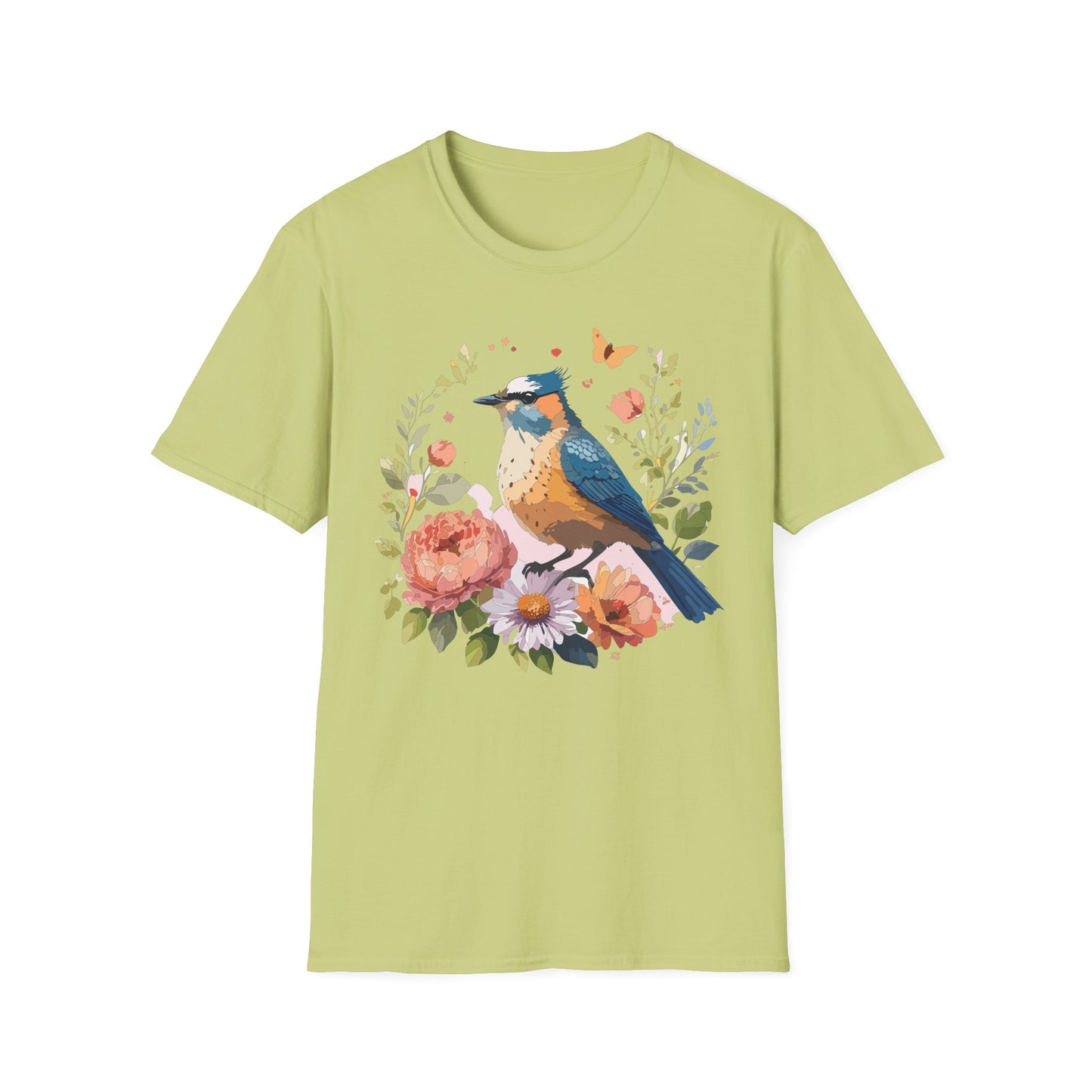 Floral Bluebird T-Shirt Unisex Cotton Short Sleeves Tee Shirt with Bird 3