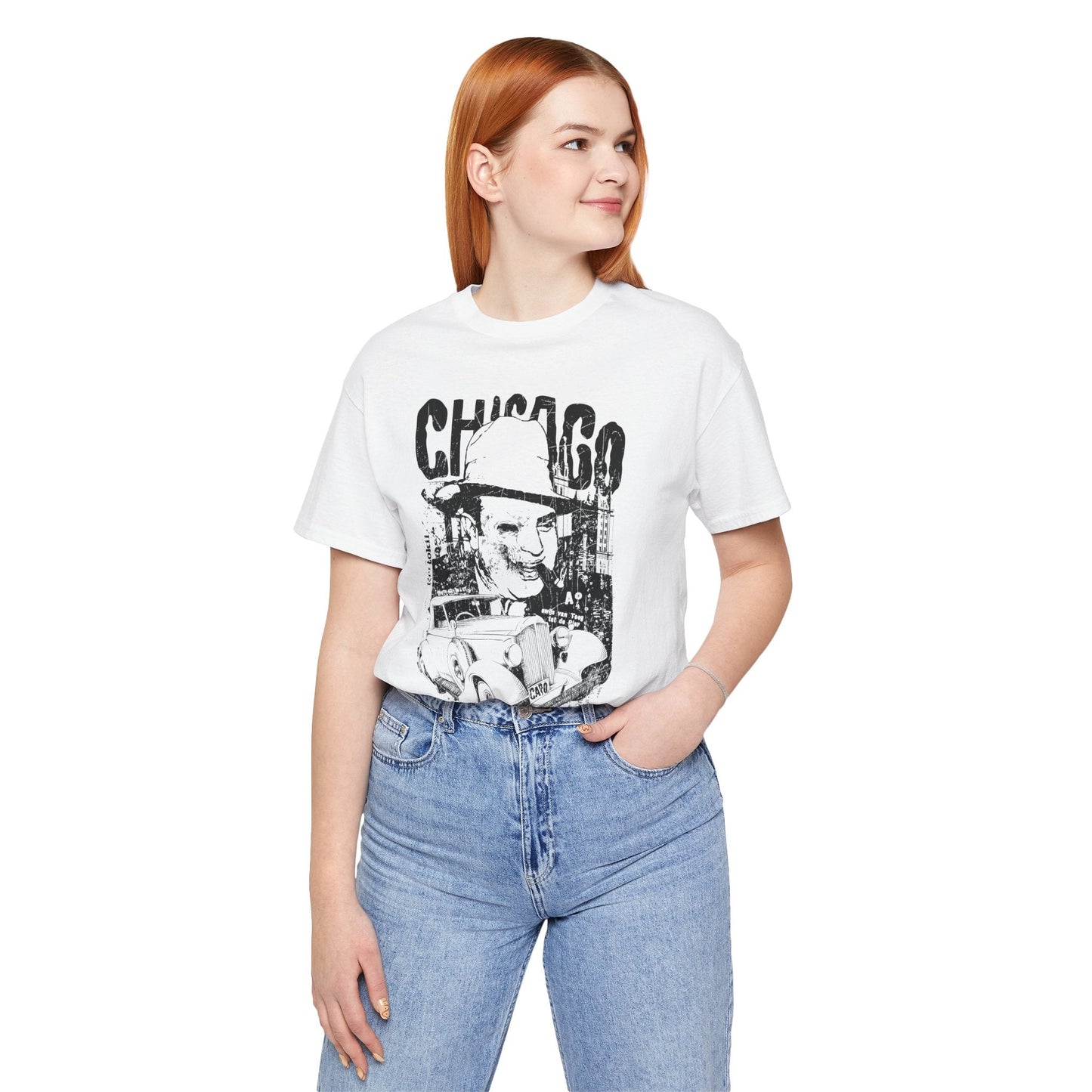 Chicago Retro Mobster Illustration Tee Vintage Car Cityscape Art Design T-Shirt A-8