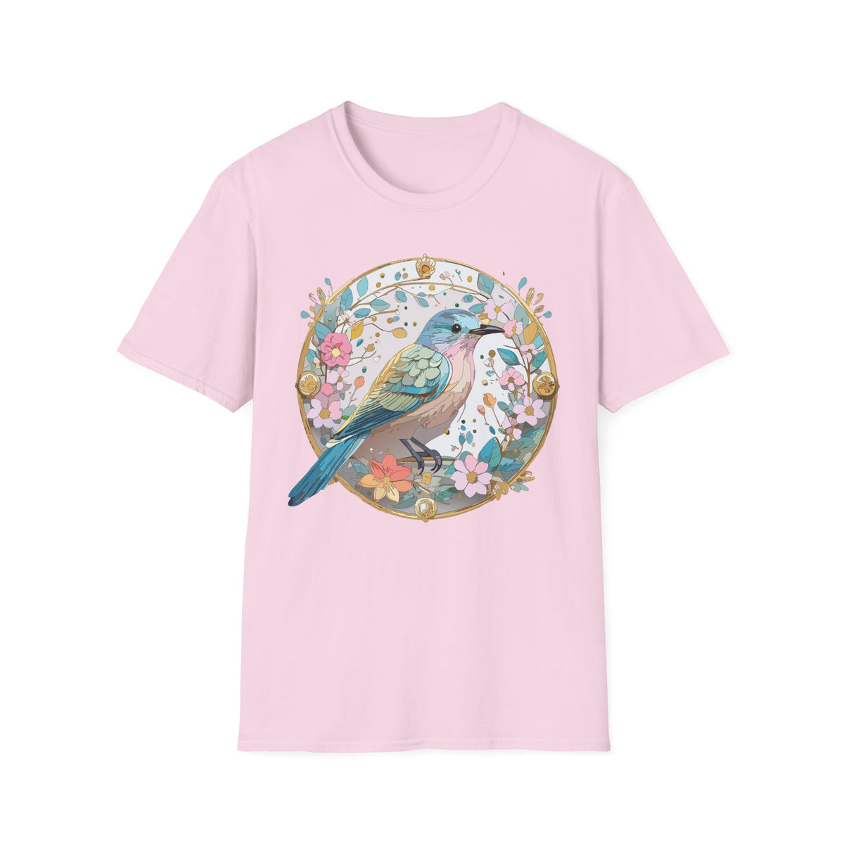 Floral Bird Illustration T-Shirt | Pastel Nature Circle Design