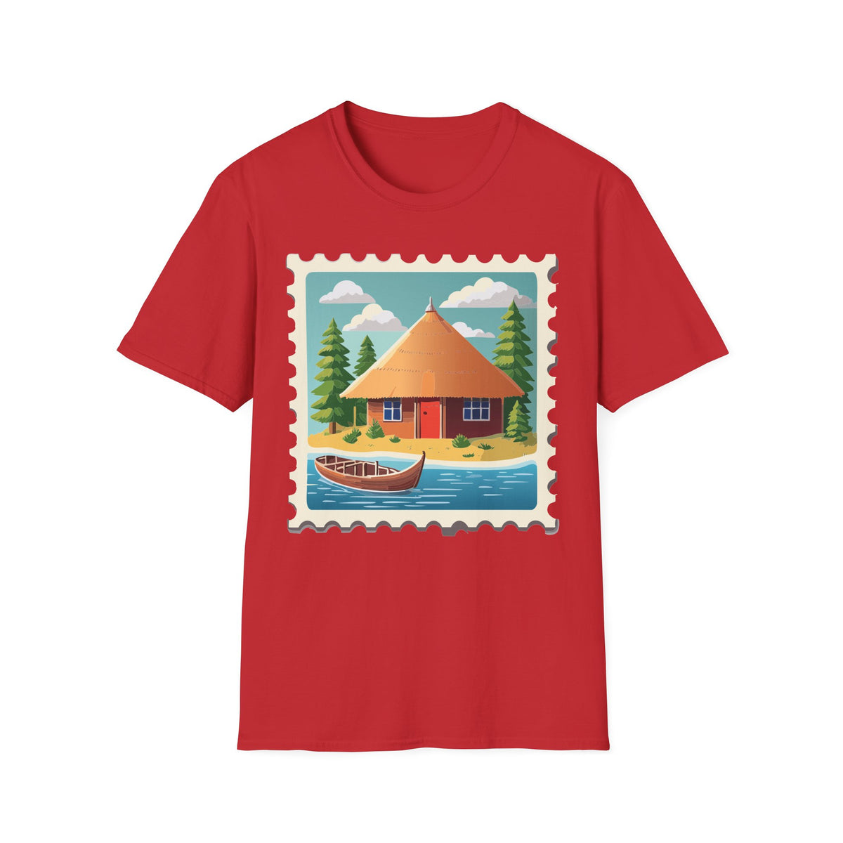 Cozy Lakeside Cottage Illustration T-Shirt | Retro Stamp Artwork