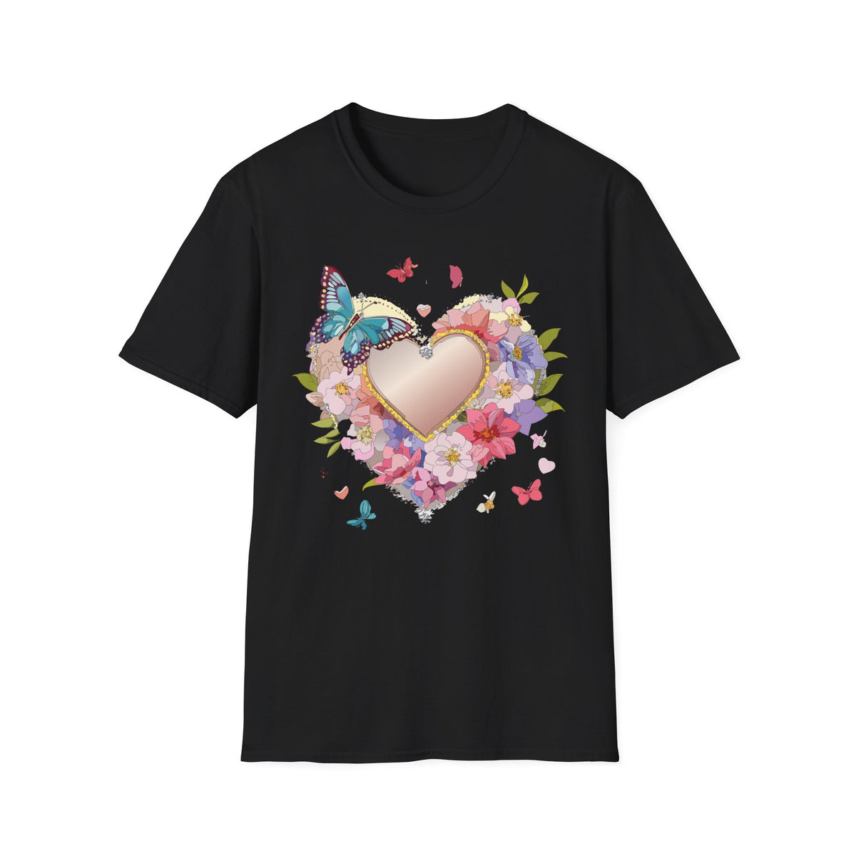 Butterfly Floral Heart Pink Gold Heart with Flowers and Butterflies Graphic Design Unisex 100 Cotton Gildan T-Shirt
