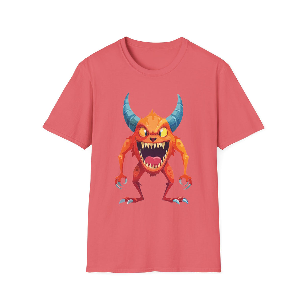 Orange Horned Monster T-Shirt — Cute Scary Cartoon Tee for Kids & Halloween Cartoon Graphic Tee Unisex 100 Cotton Gildan T-Shirt