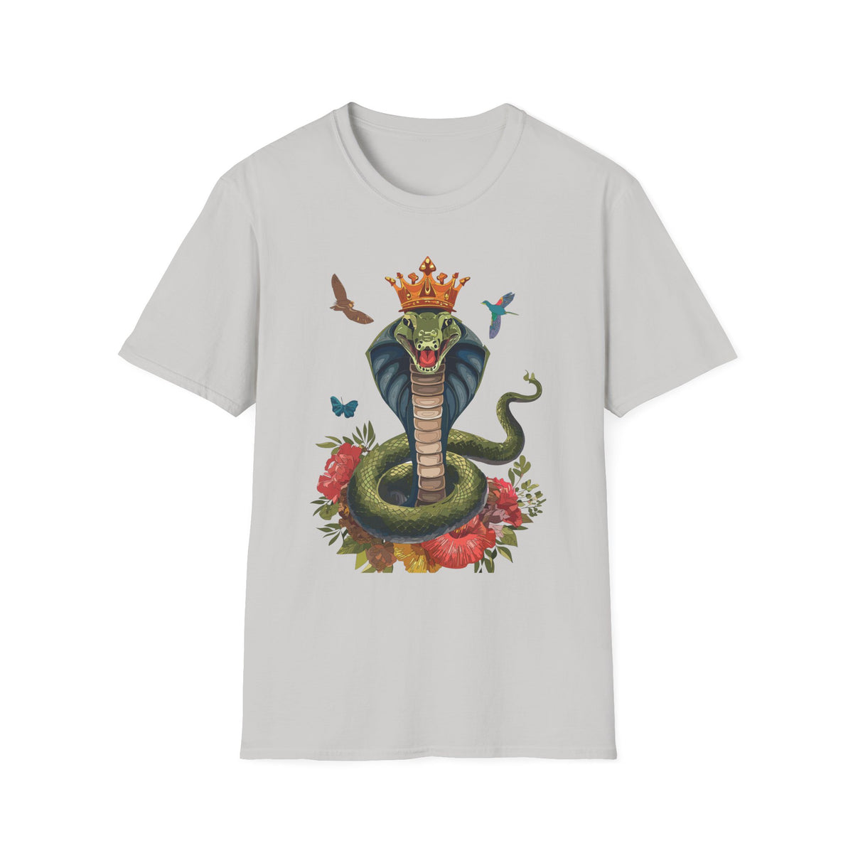 Crowned King Cobra Shirt | Snake Illustration, Floral Accents, Wildlife