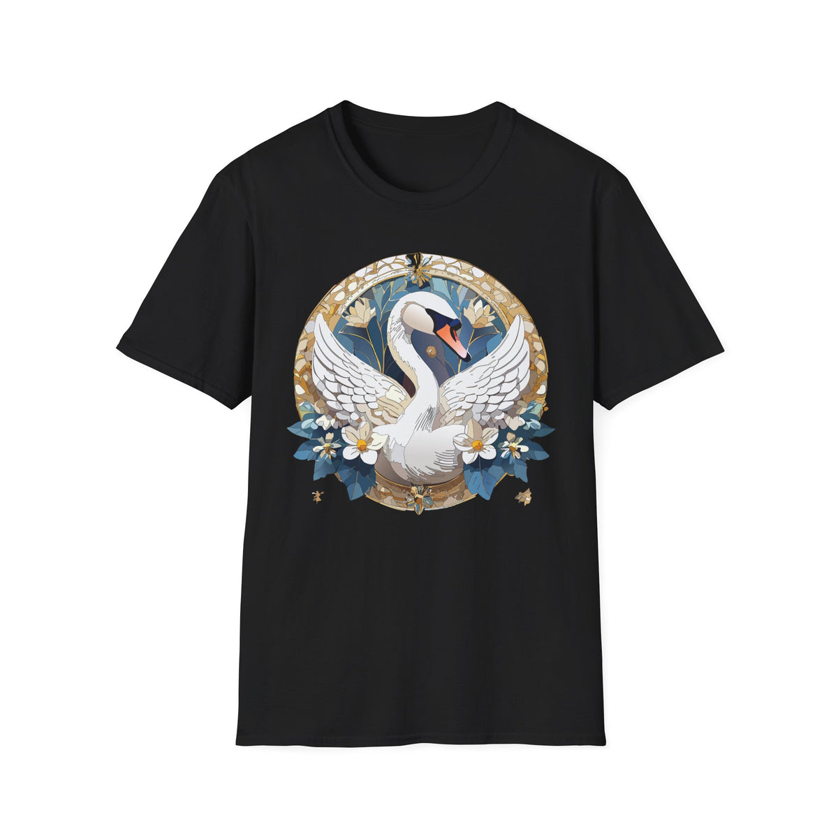 Art Nouveau Swan Illustration T-Shirt | Floral Circle Design