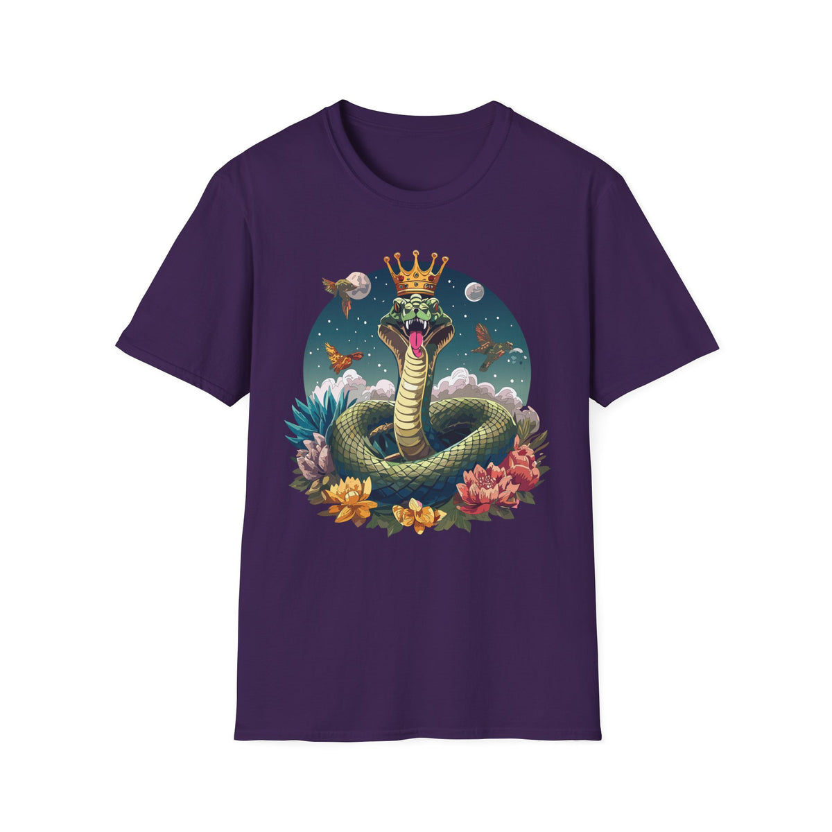 Crowned Snake Illustration T-Shirt | Regal Serpent, Floral Night Scene