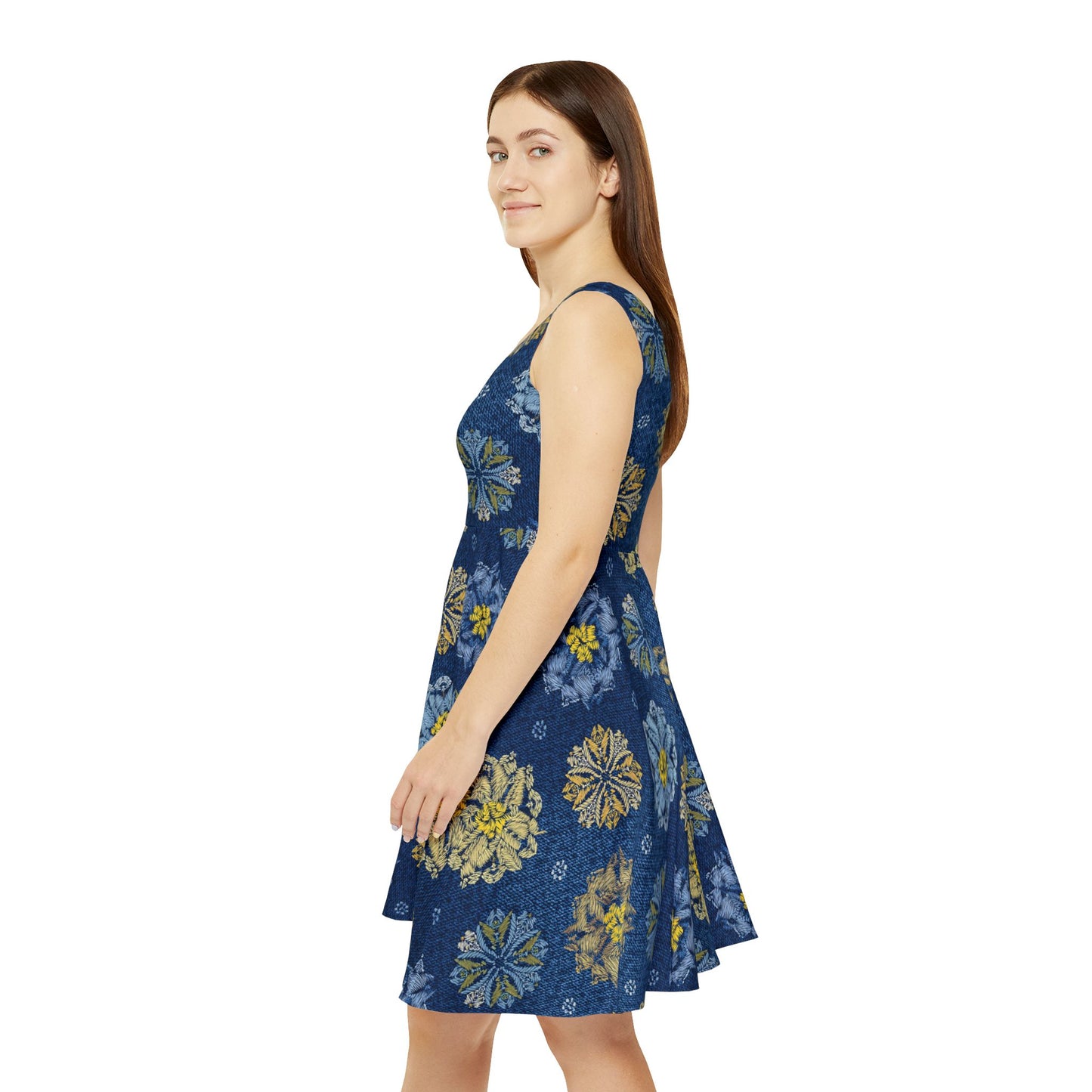 Women Denim Print Skater Dress, Denim Print Poly-Span Dress - 34