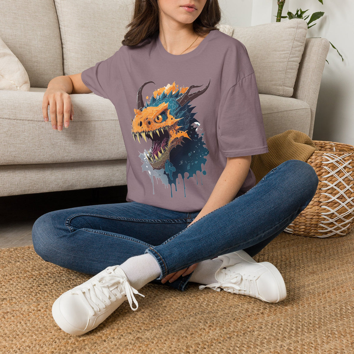 Dragon Head Graphic T-Shirt — Fiery Monster Art Cartoon Graphic Tee Unisex 100 Cotton Gildan T-Shirt