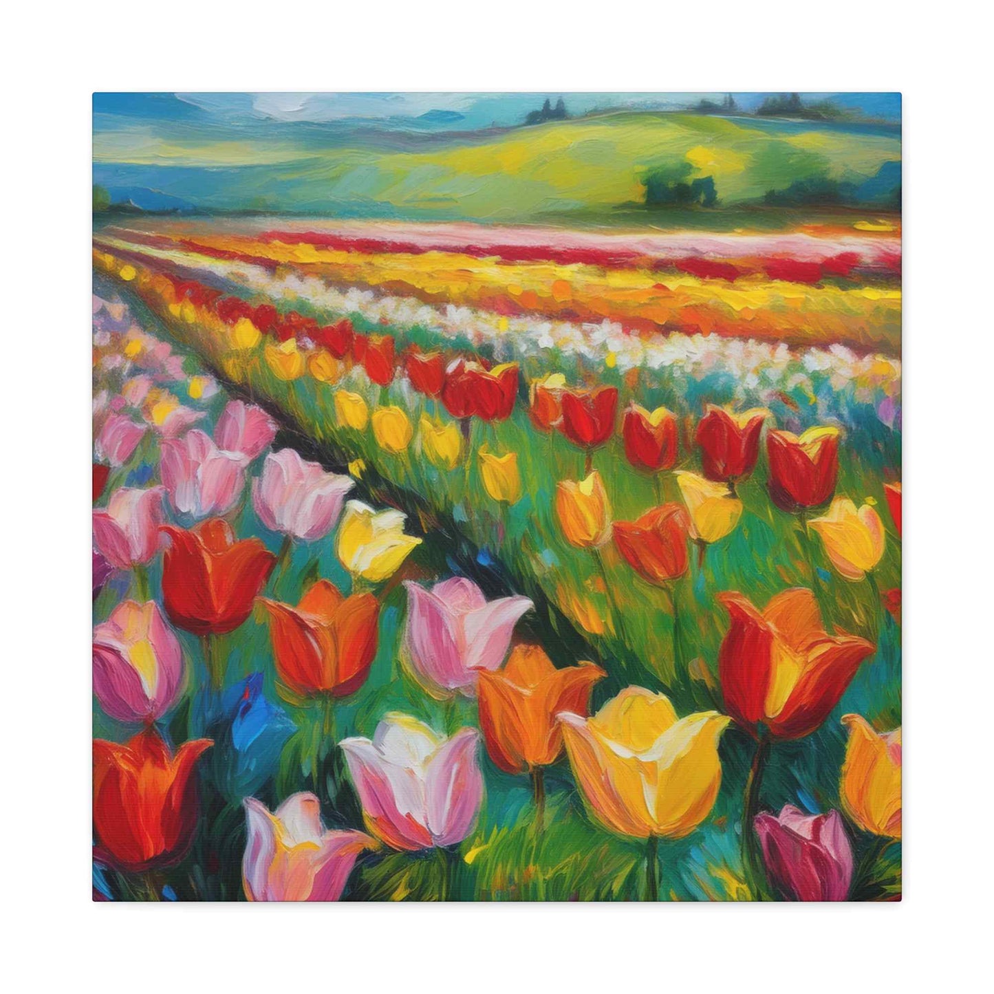 Tulips Fields Print Canvas, Floral Oil Paint Print 20x20, 24x24, 30x30, 32x32, 36x36 Art Design Pine-Wood Inner Frame MC-147