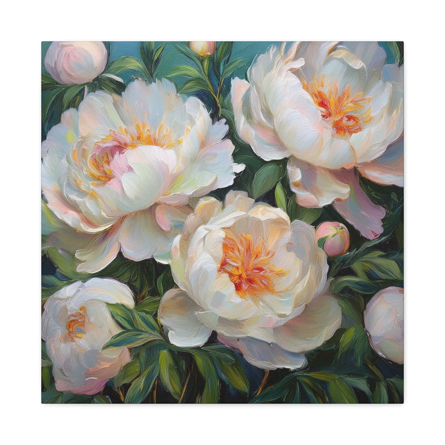 White Peonies Print Canvas, Floral Oil Paint Print 20x20, 24x24, 30x30, 32x32, 36x36 Art Design Pine-Wood Inner Frame MC-123