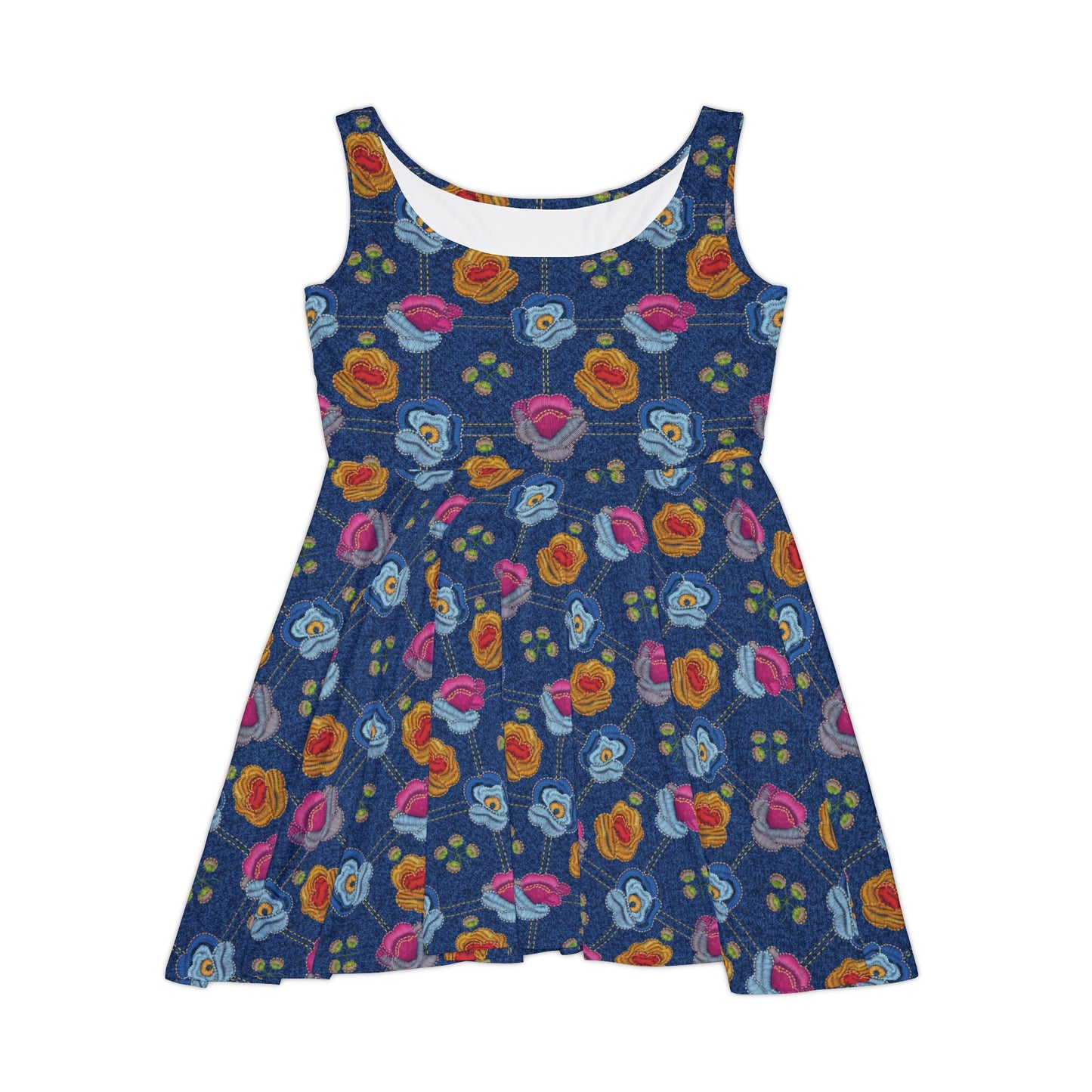 Women Floral Denim Print Skater Dress, Denim Print Poly-Span Dress - 39