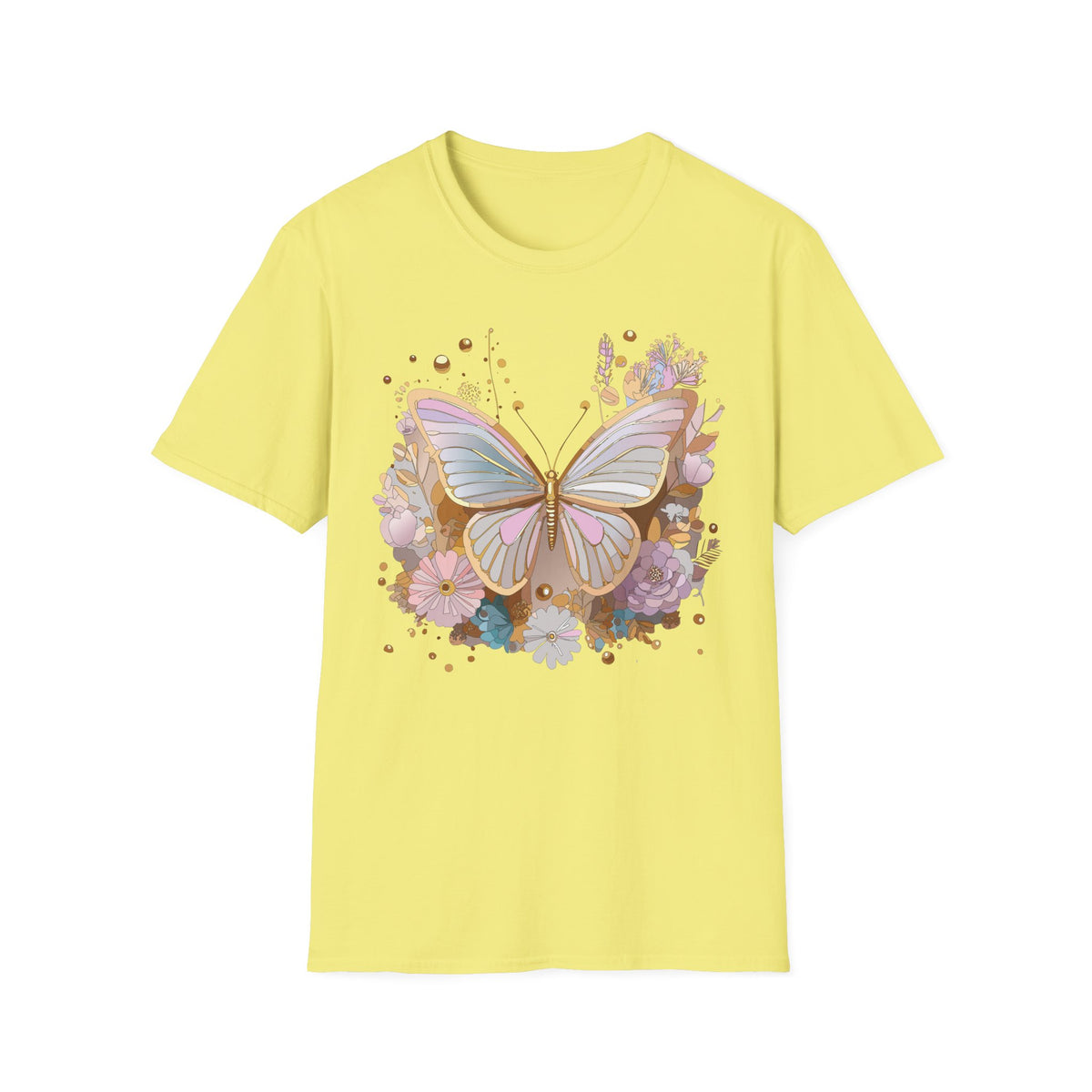 Pastel Butterfly Floral T-Shirt — Gold Accent Butterfly Graphic Design Unisex 100 Cotton Gildan T-Shirt