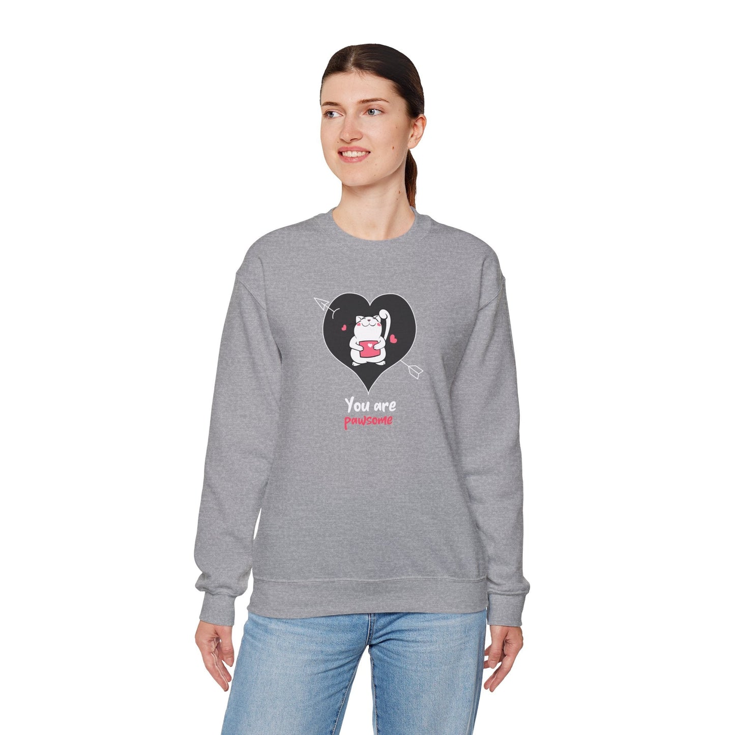 Cat Heart Sweatshirt Unisex Valentines Day Fifty Fifty Cotton Poly Crewneck Gildan 18000