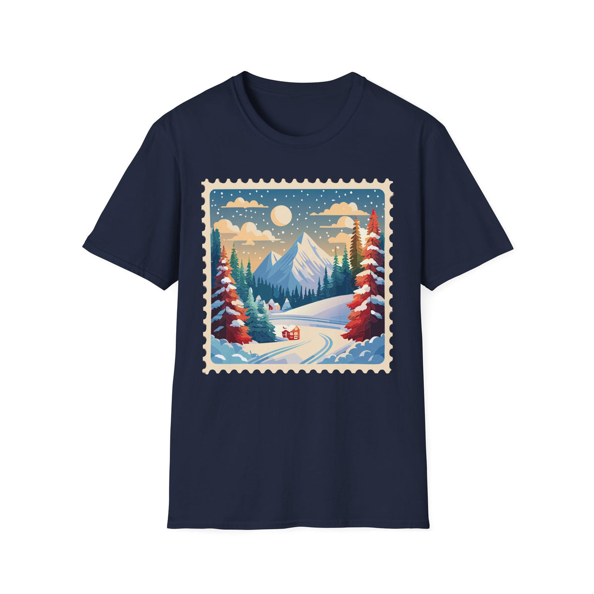 Vintage Winter Mountain Scene T-Shirt | Snowy Peaks Forest Illustration