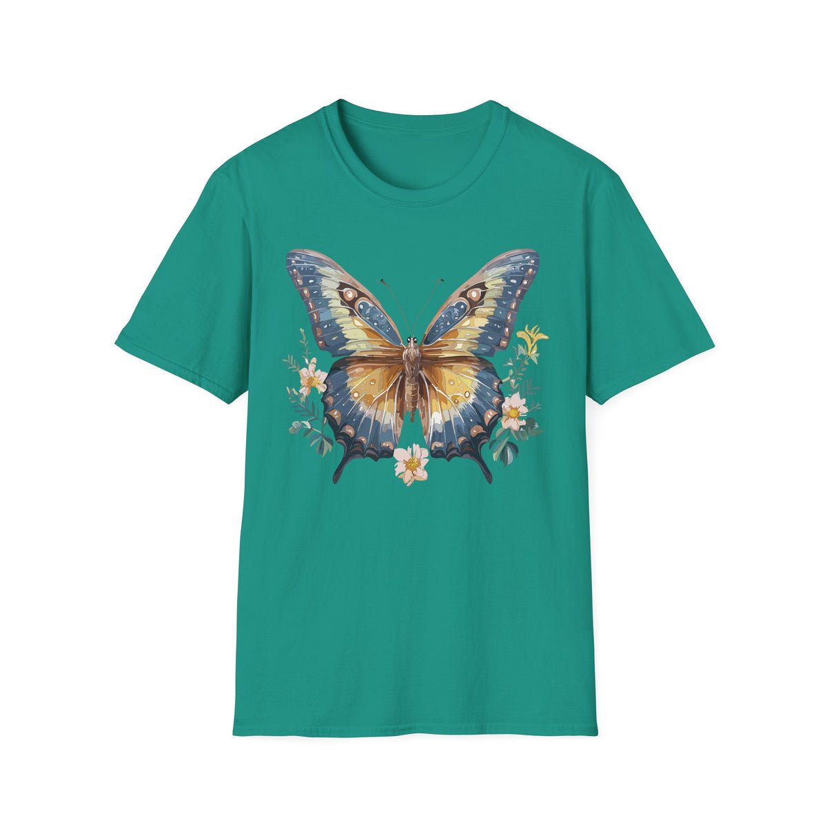 Golden Blue Butterfly T-Shirt | Botanical Accent Graphic Tee Unisex 100 Cotton Gildan T-Shirt