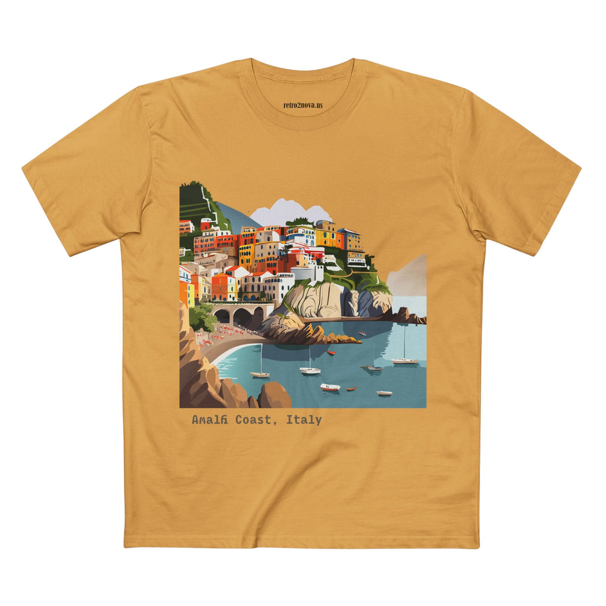 Amalfi Coast Italy illustration T-Shirt | Coastal village, sailboats, seaside print