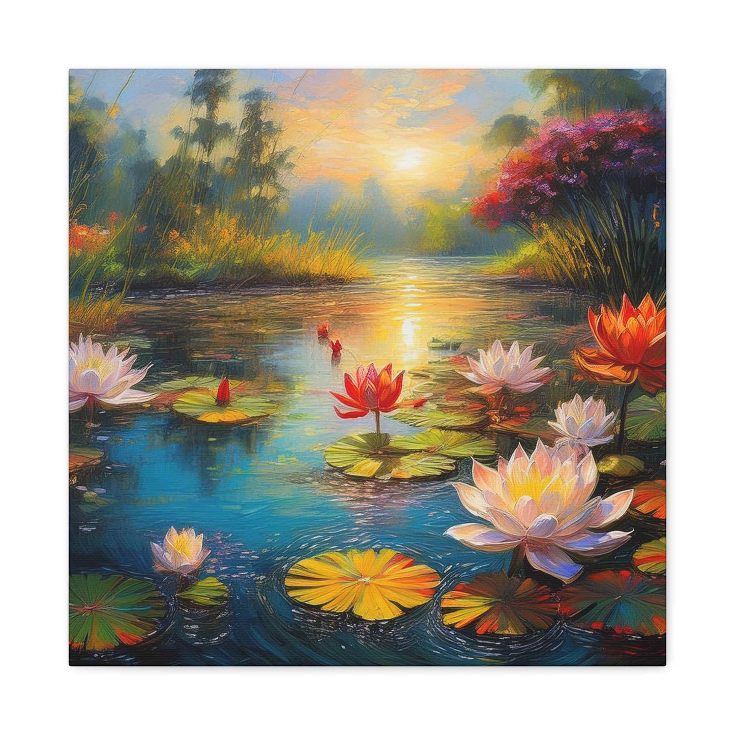 Water Lilies Print Canvas, Oil Paint Print 20x20, 24x24, 30x30, 32x32, 36x36 Floral Art Print Pine-Wood Inner Frame MC-67