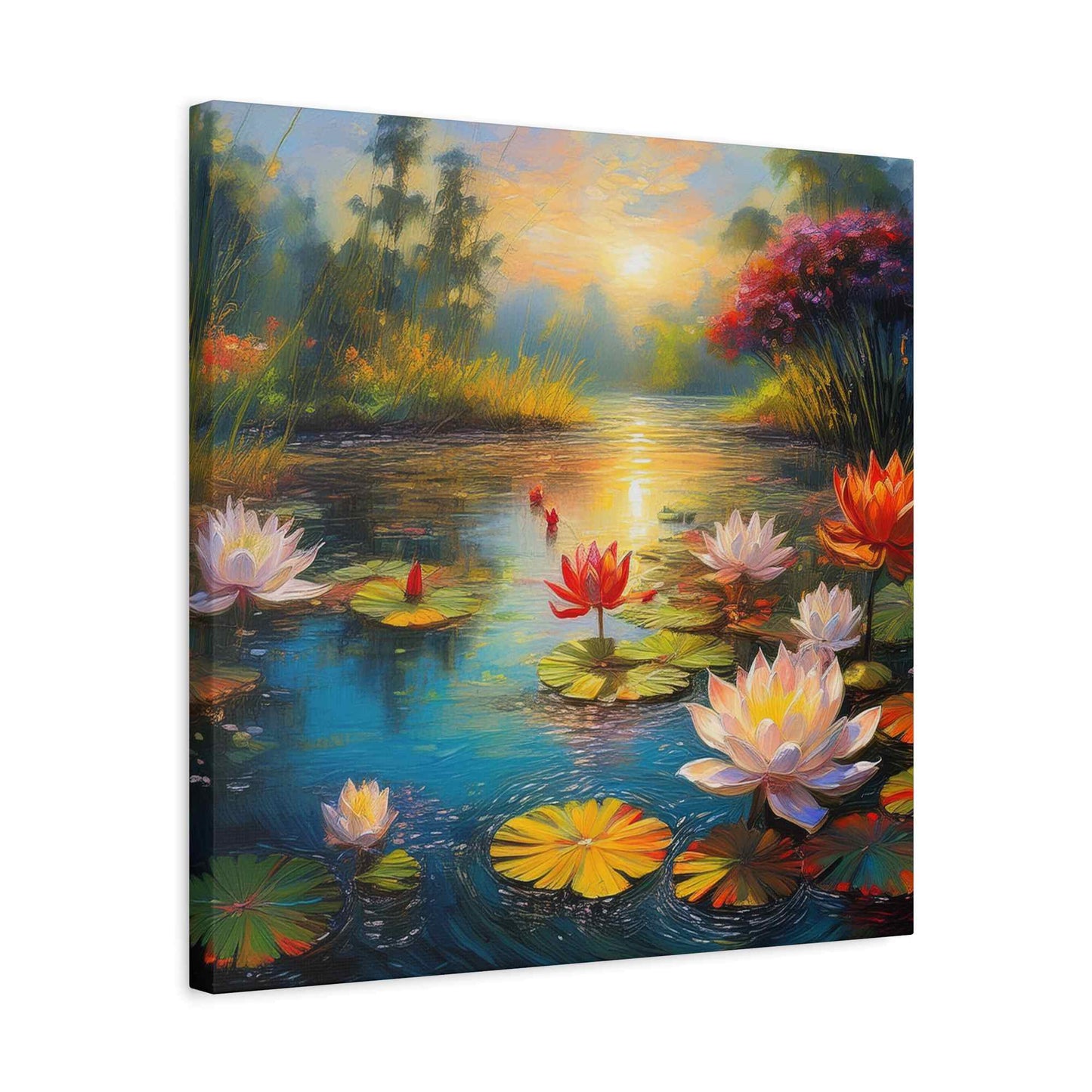 Water Lilies Print Canvas, Oil Paint Print 20x20, 24x24, 30x30, 32x32, 36x36 Floral Art Print Pine-Wood Inner Frame MC-67