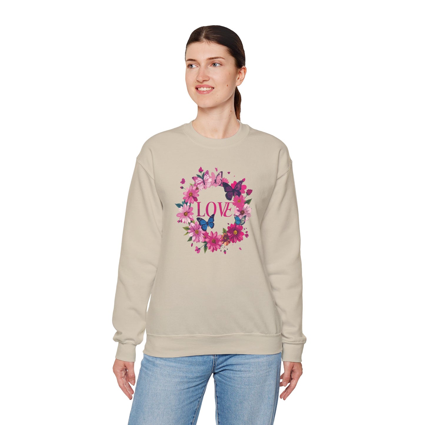 Unisex Floral Love Sweatshirt, Love Floral Sweatshirt, Floral Butterfly Sweatshirt, 50/50 Cotton-Poly Valentine's Day Sweatshirt 04