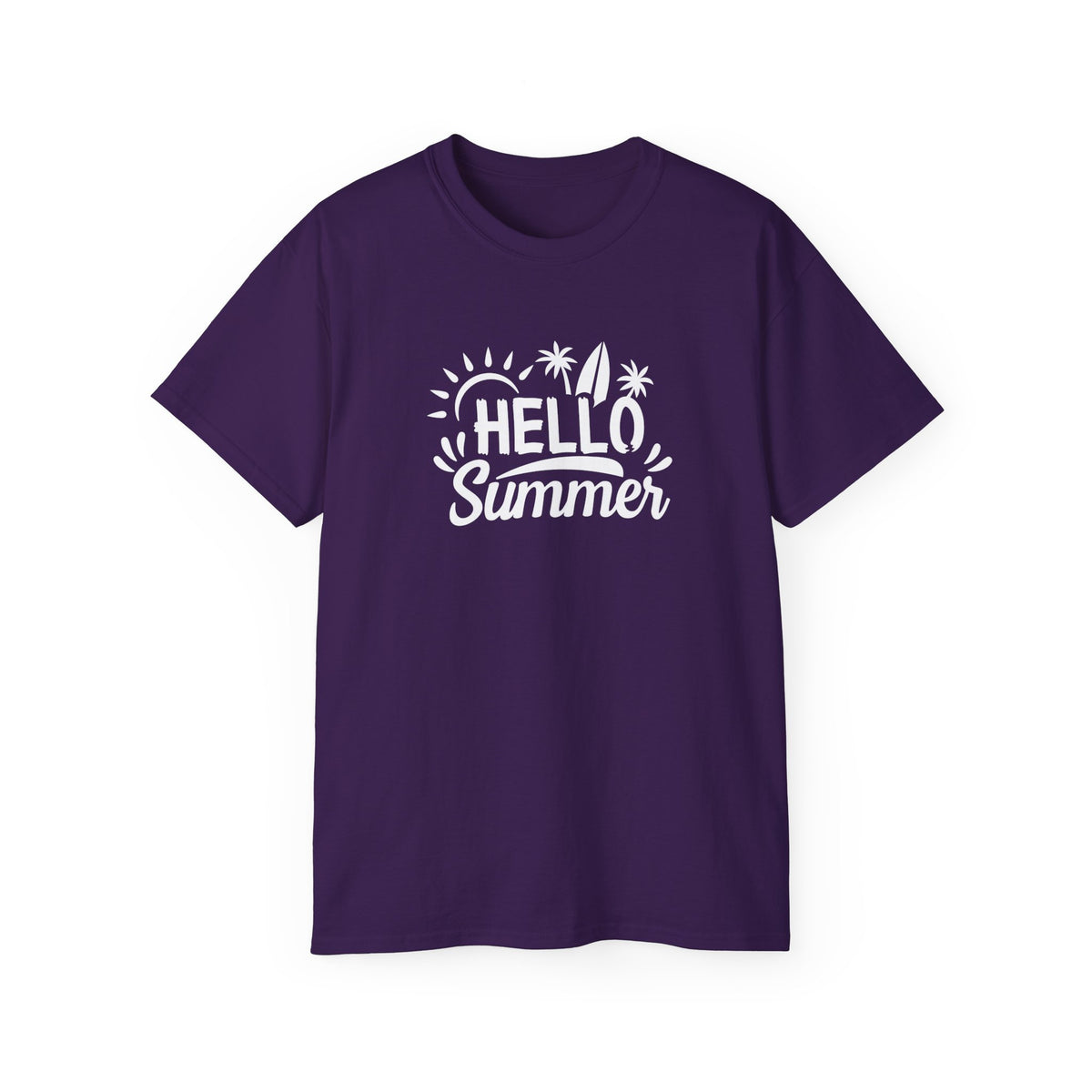 Hello Summer surfboard palm trees T-Shirt | Summer beach graphic tee