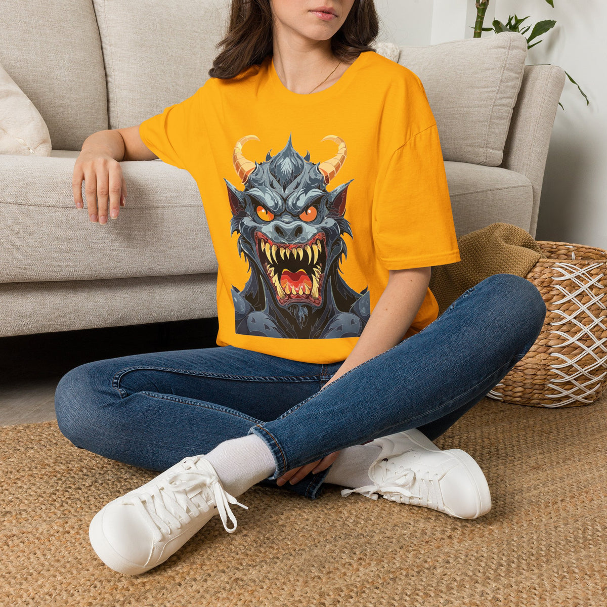 Demonic Monster Face T-Shirt — Fierce Horned Demon Cartoon Graphic Tee Unisex 100 Cotton Gildan T-Shirt