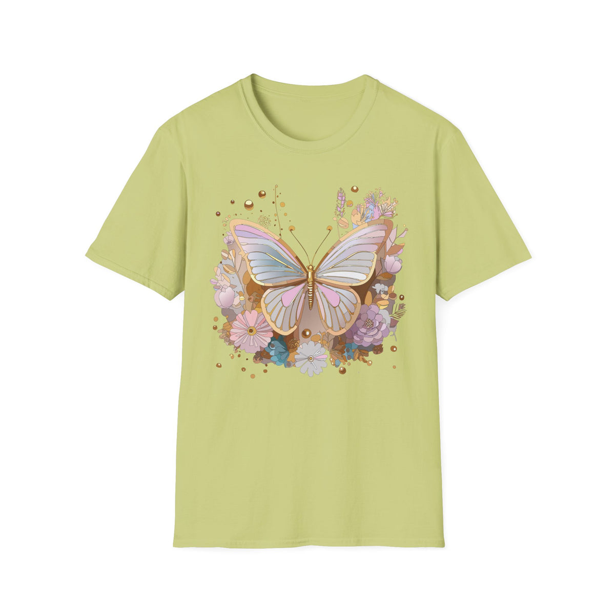 Pastel Butterfly Floral T-Shirt — Gold Accent Butterfly Graphic Design Unisex 100 Cotton Gildan T-Shirt