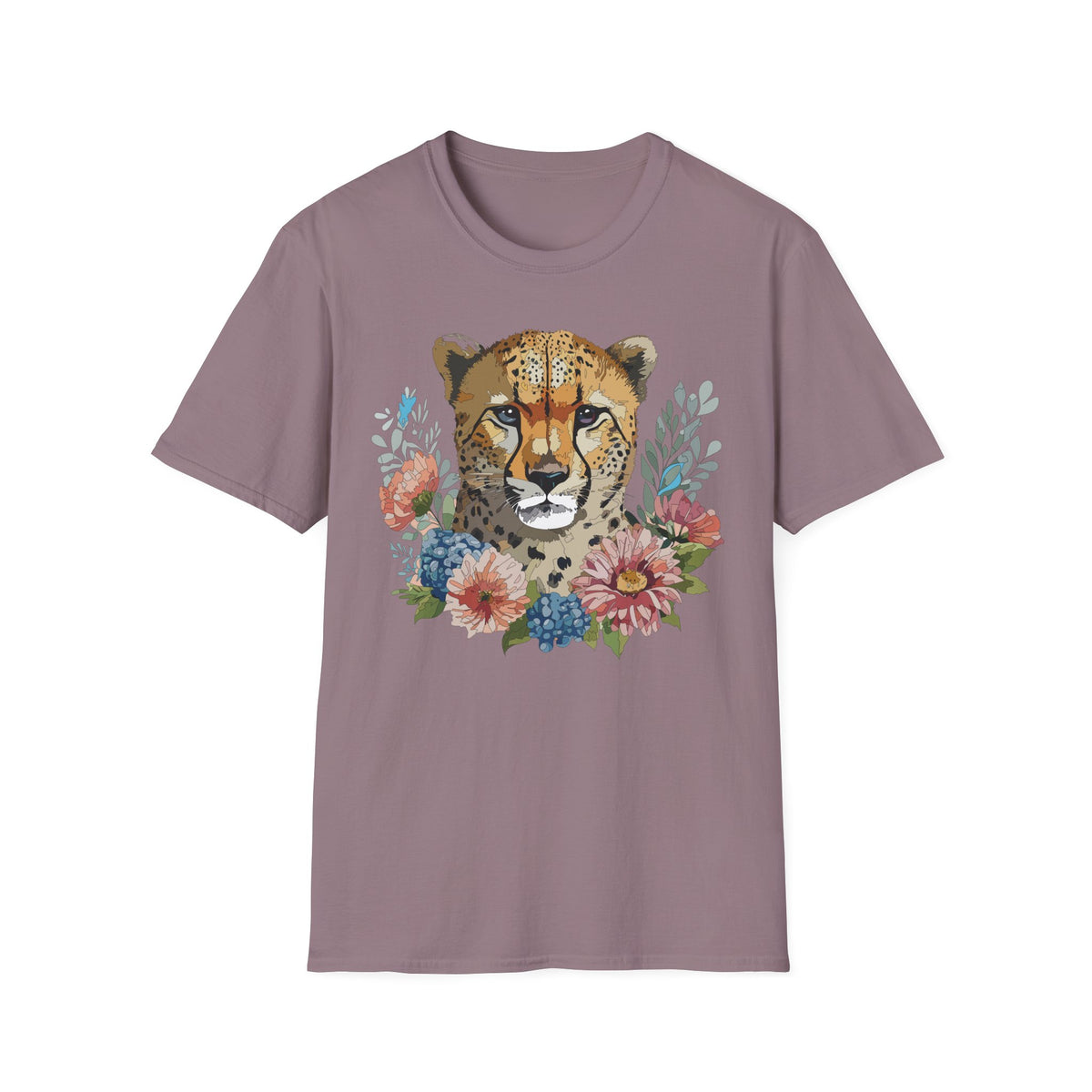 Floral Cheetah Face T-Shirt | Wild Cat Illustration, Botanical Accent