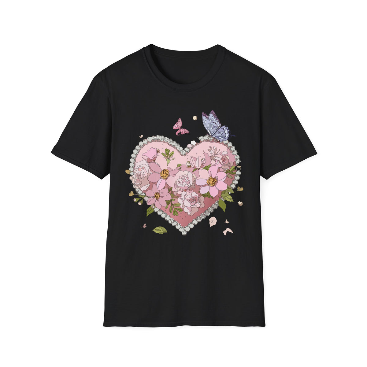 Floral Heart with Butterflies T-Shirt | Pink Flower Heart Graphic Tee Unisex 100 Cotton Gildan T-Shirt
