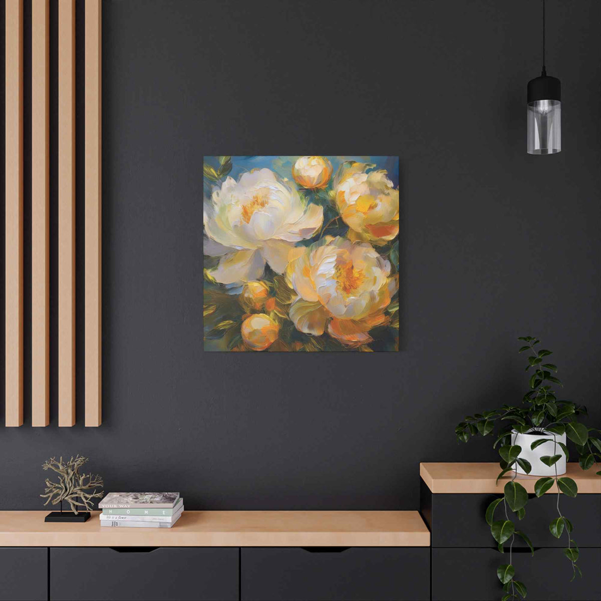 Cream Peonies Print Canvas, Floral Oil Paint Print 20x20, 24x24, 30x30, 32x32, 36x36 Art Design Pine-Wood Inner Frame MC-125