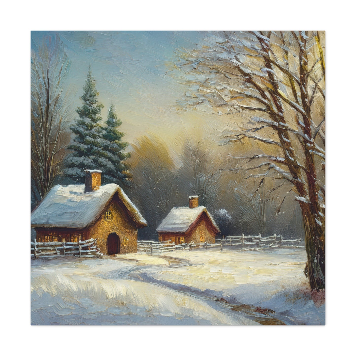 Countryside Winter Print Canvas, Oil Paint Print 20x20, 24x24, 30x30, 32x32, 36x36 Art Design Pine-Wood Inner Frame MC-113