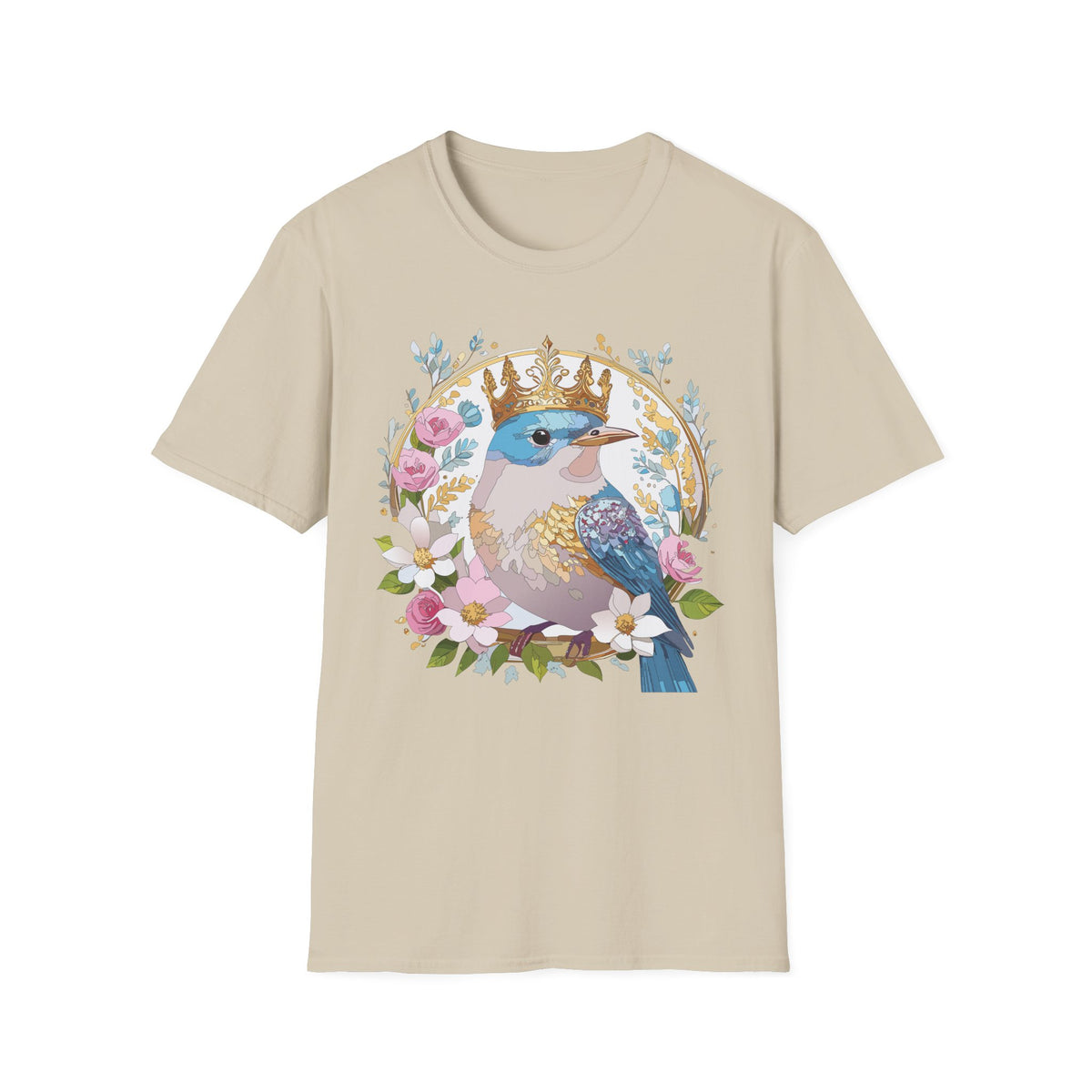 Crowned Bluebird with Floral Wreath T-Shirt | Royal Bird Illustration
