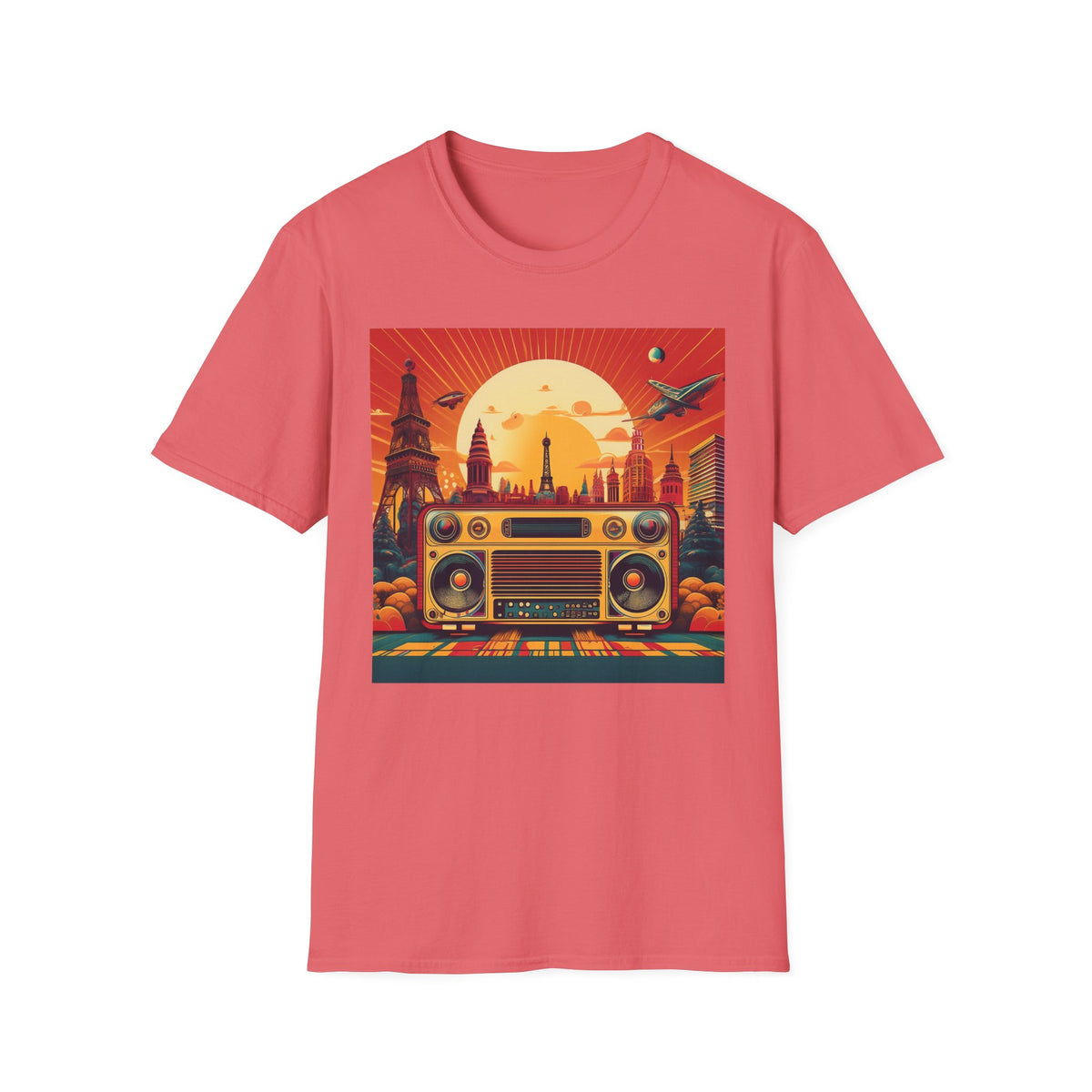 Retro Boombox Sunset Cityscape Graphic Posters, Post Stamps Design Unisex 100 Cotton Gildan T-Shirt