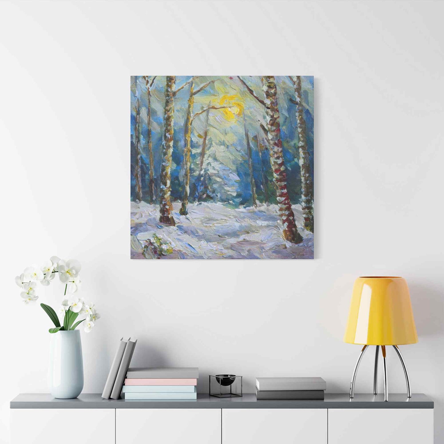 Snow Forest Print Canvas, Oil Paint Print 20x20, 24x24, 30x30, 32x32, 36x36 Art Design Print Pine-Wood Inner Frame MC-79