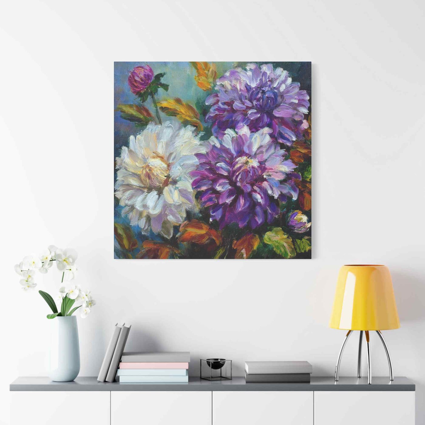 Dahlias Floral Print Canvas, Floral Oil Paint Print 20x20, 24x24, 30x30, 32x32, 36x36 Art Design Pine-Wood Inner Frame MC-173