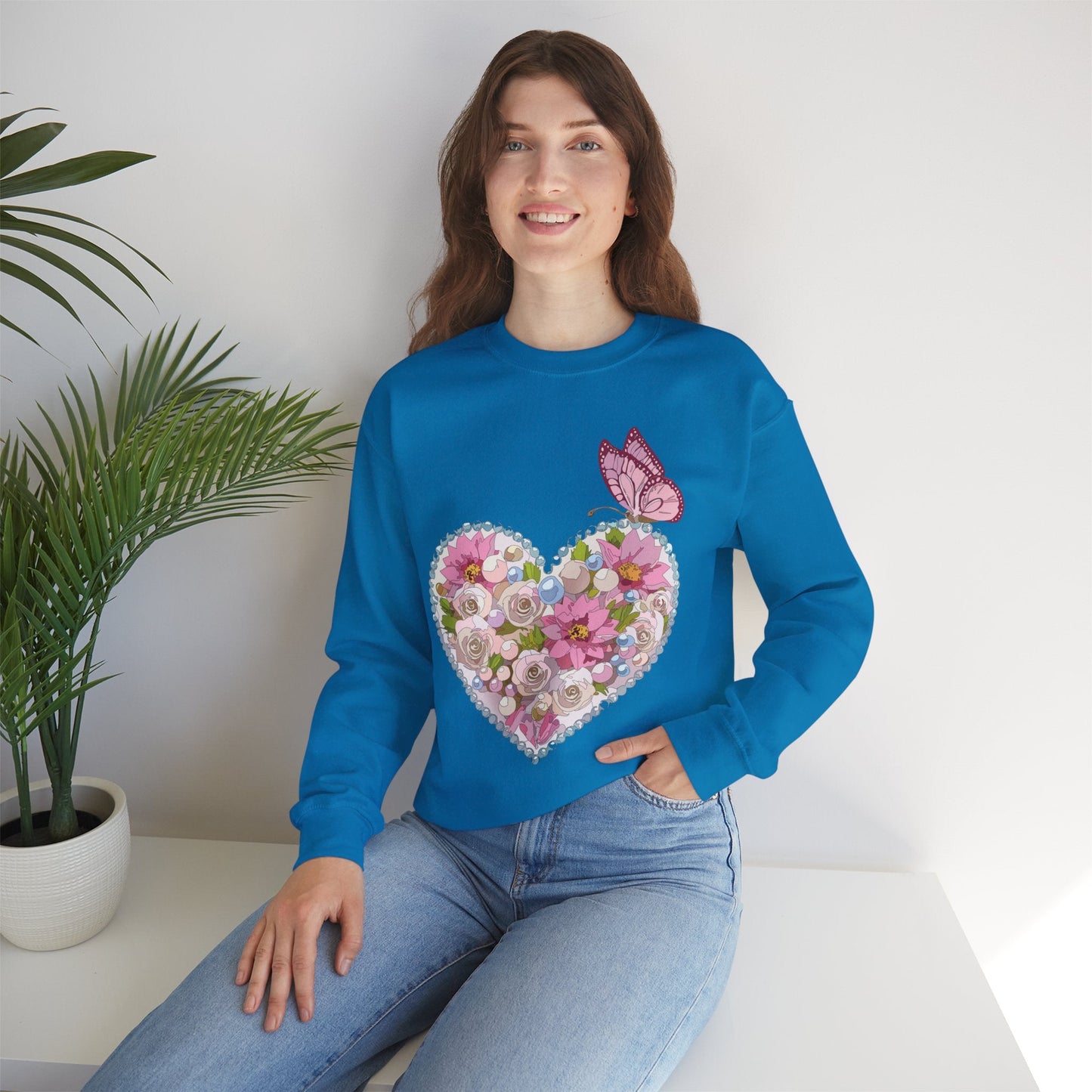 Floral Heart Sweatshirt Unisex Crewneck Valentines Day 50 50 Heavy Blend Gildan 18000