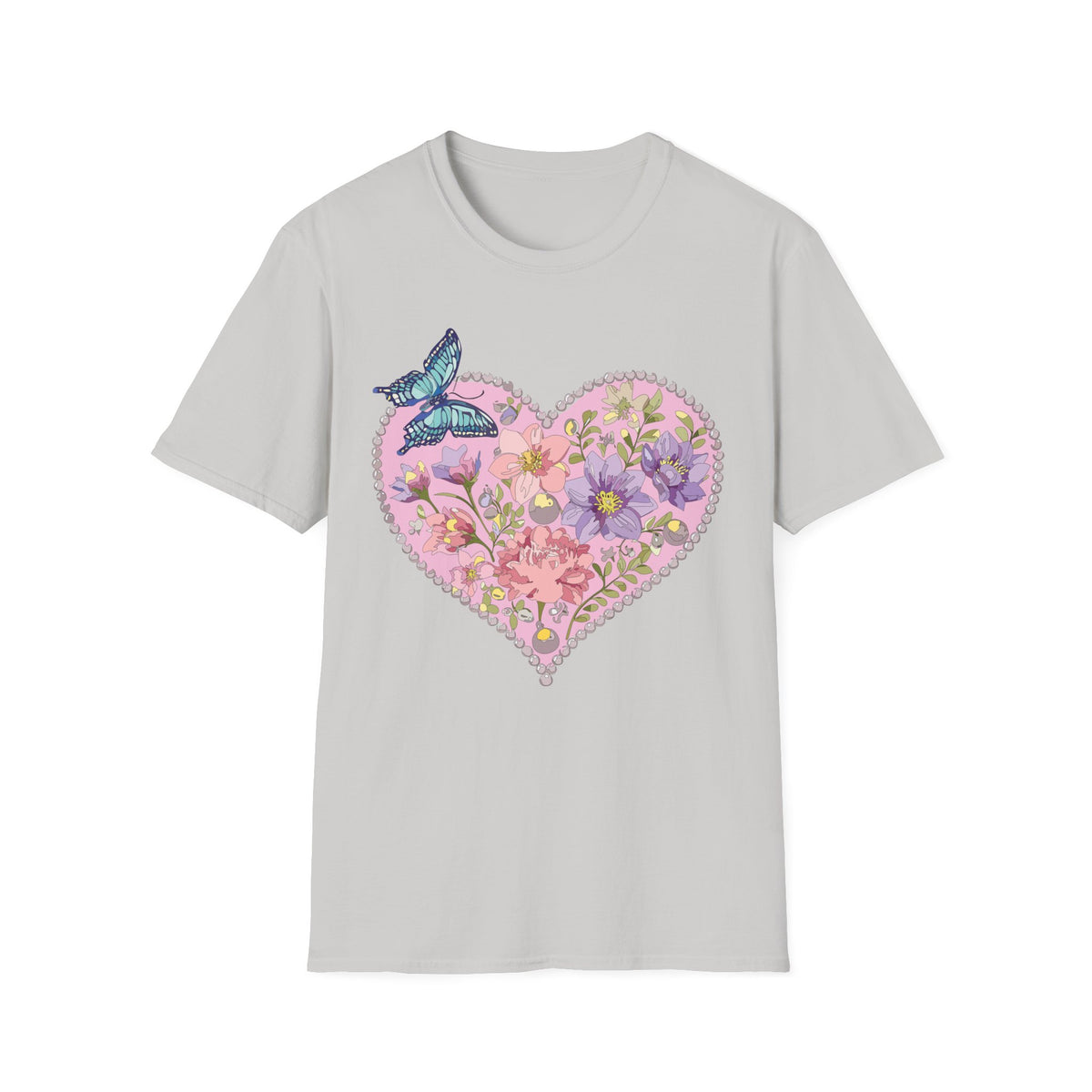 Floral Heart with Butterfly T-Shirt | Botanical Heart Graphic Tee Unisex 100 Cotton Gildan T-Shirt