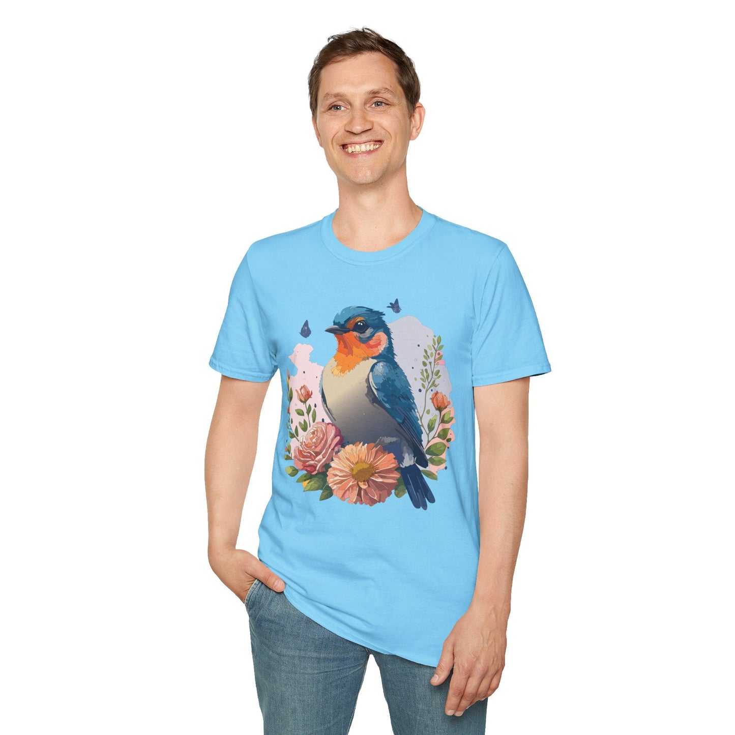 Bird T Shirt Floral Design Unisex Gildan Softstyle 64000 Ring Spun Cotton Tee Breathable Wear