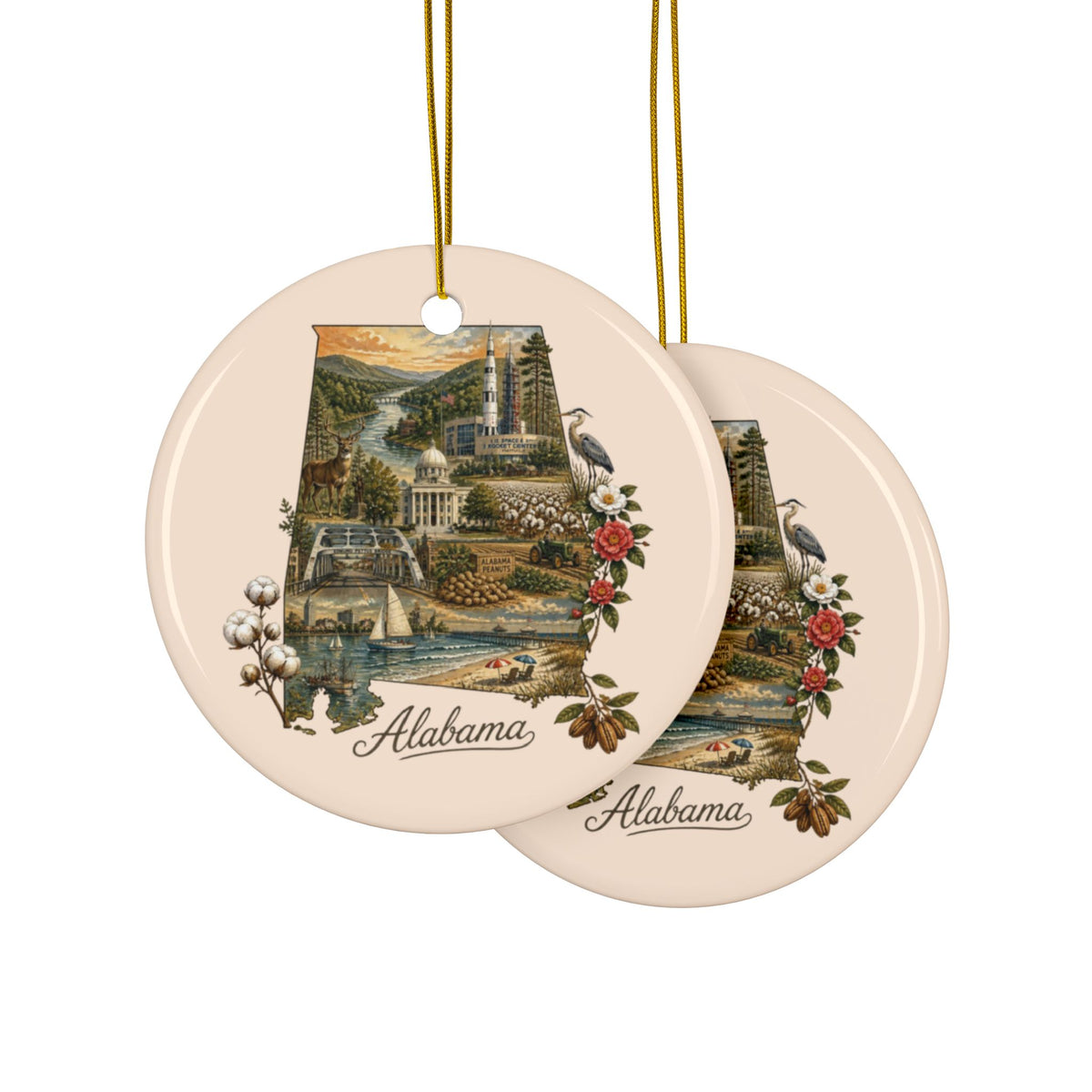Alabama State Collage Ornament | Ceramic Round Double-Sided - 2.99" Includes Gold String