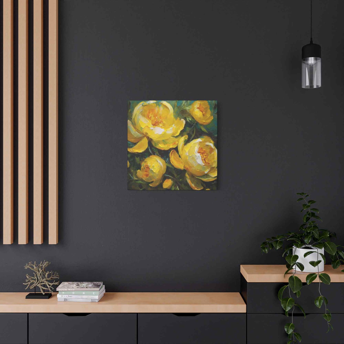 Yellow Peonies Print Canvas, Floral Oil Paint Print 20x20, 24x24, 30x30, 32x32, 36x36 Art Design Pine-Wood Inner Frame MC-122