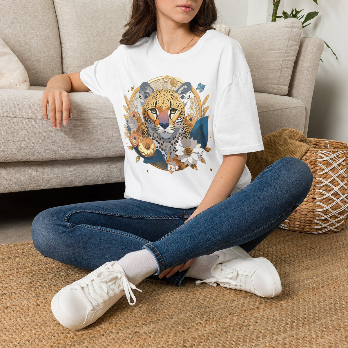 Floral Cheetah Portrait T-Shirt | Leopard Face Botanical Tee