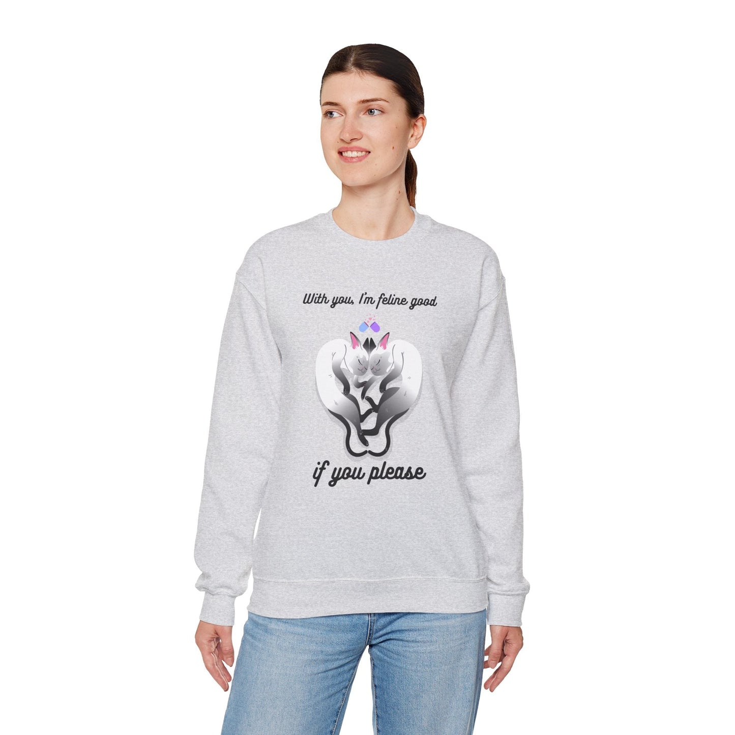 Double Cat Heart Sweatshirt Unisex Fifty Fifty Cotton Poly Valentines Day Sweatshirt
