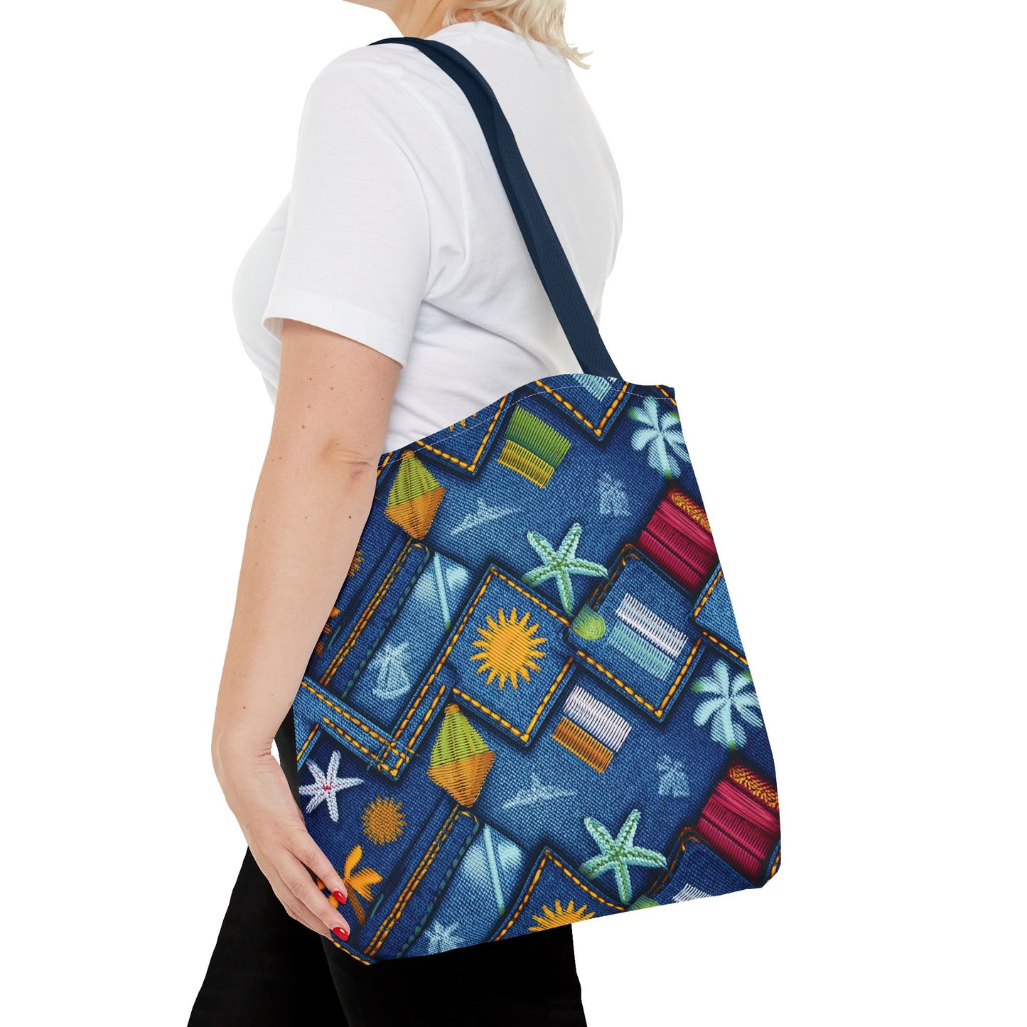 Denim Fabric Imitation Print Unisex Canvas Bag Poly Spun 3 Sizes Tote Bag 182-2