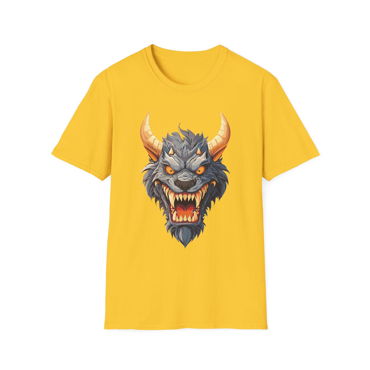 Demonic Beast Head T-Shirt — Horned Monster Cartoon Graphic Tee Unisex 100 Cotton Gildan T-Shirt